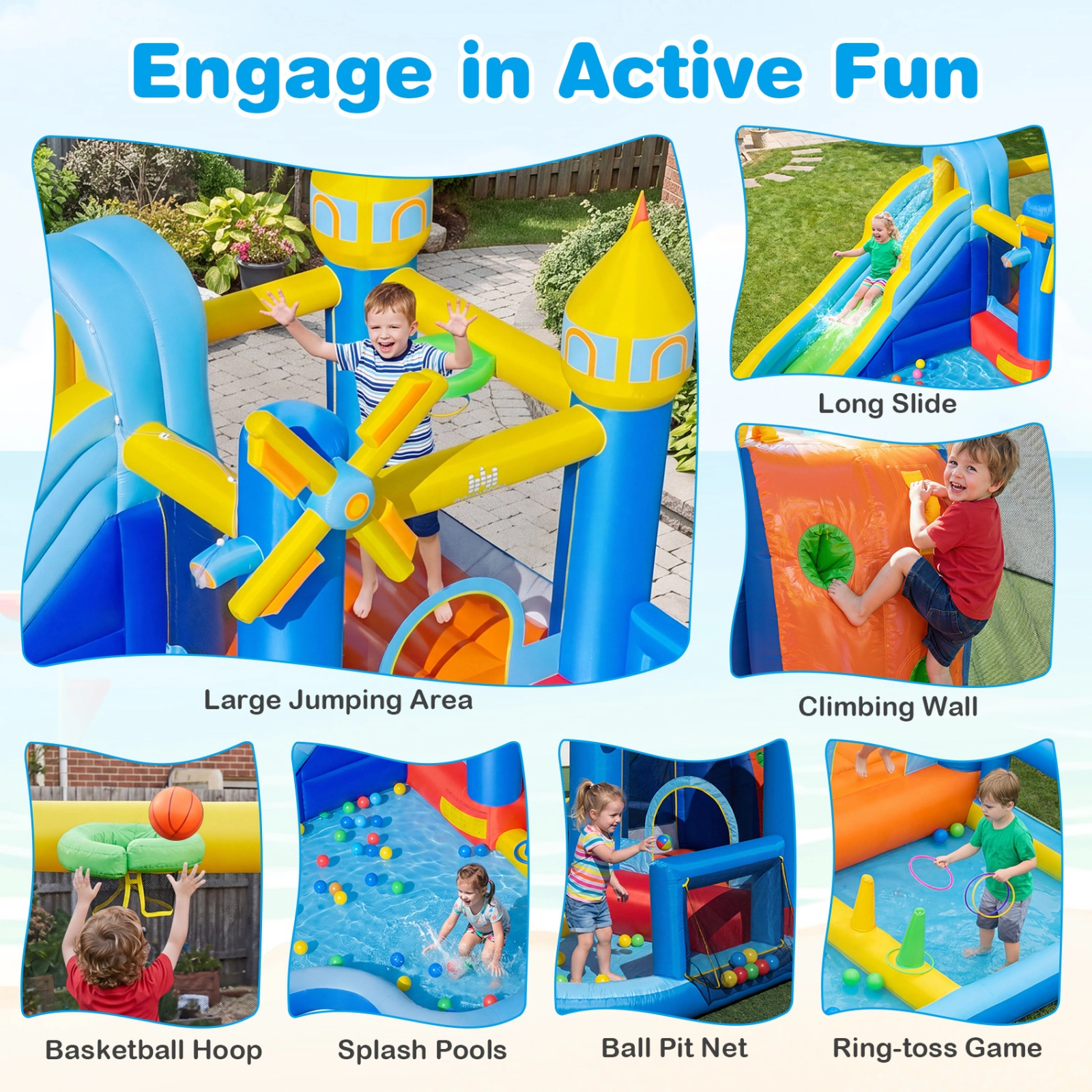 SUGIFT 206-in Windmill Inflatable Water Slide Park with Jumping Area Ball Pit Ring Toss and 680W Blower