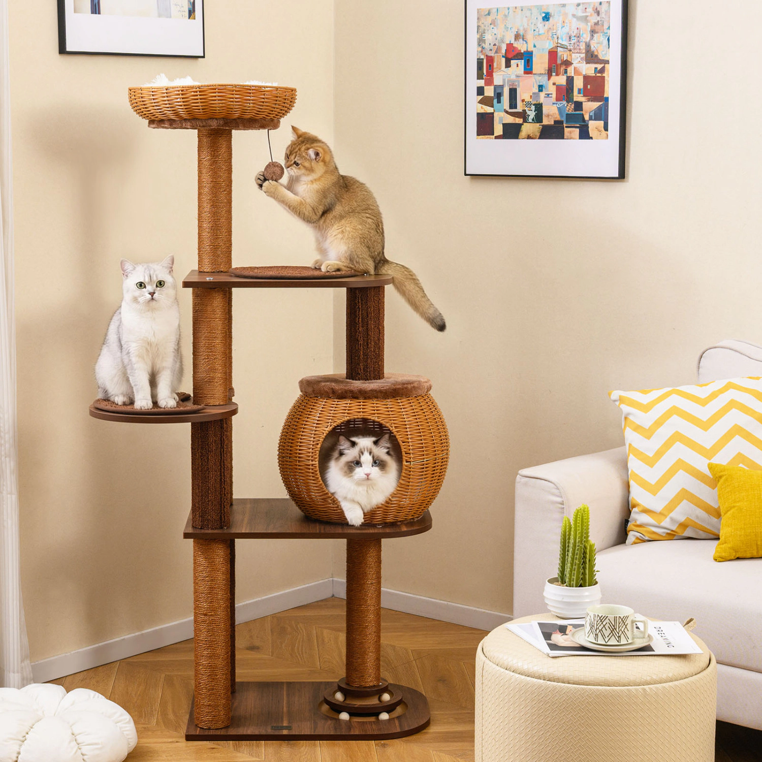 SlickBlue Unisex 59.5 Inch Multi Level Cat Tree with Rattan Condo