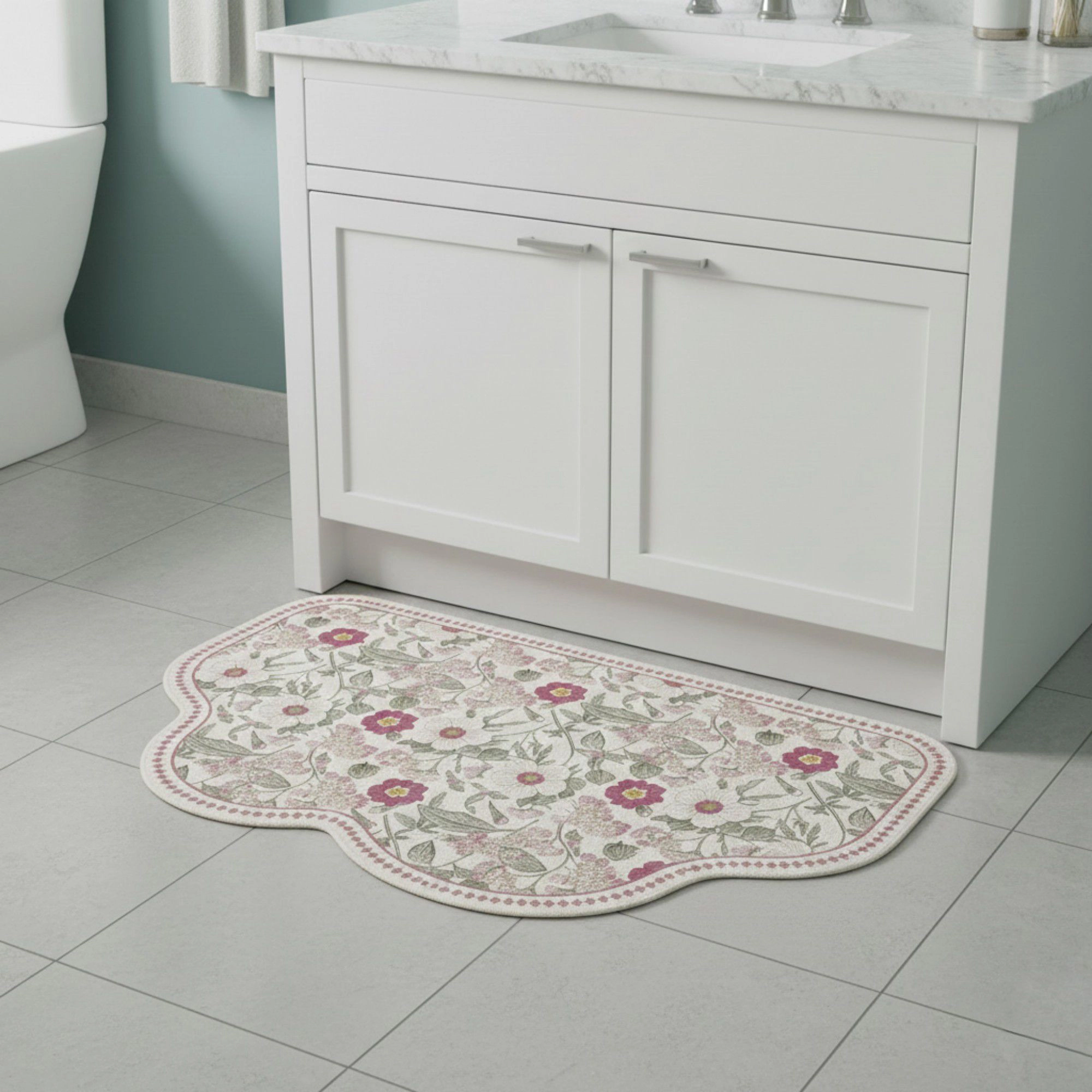 Alilang Unisex Floral Vine Pattern Scalloped Bathroom Floor Mat Soft Absorbent with Non Slip Backing