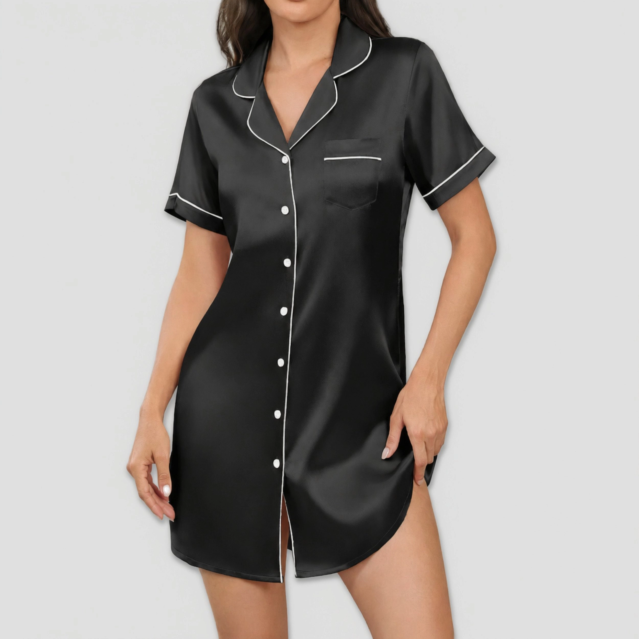 Ekouaer Women's Silky Button Down Short Sleeve Notch Collar Nightgown