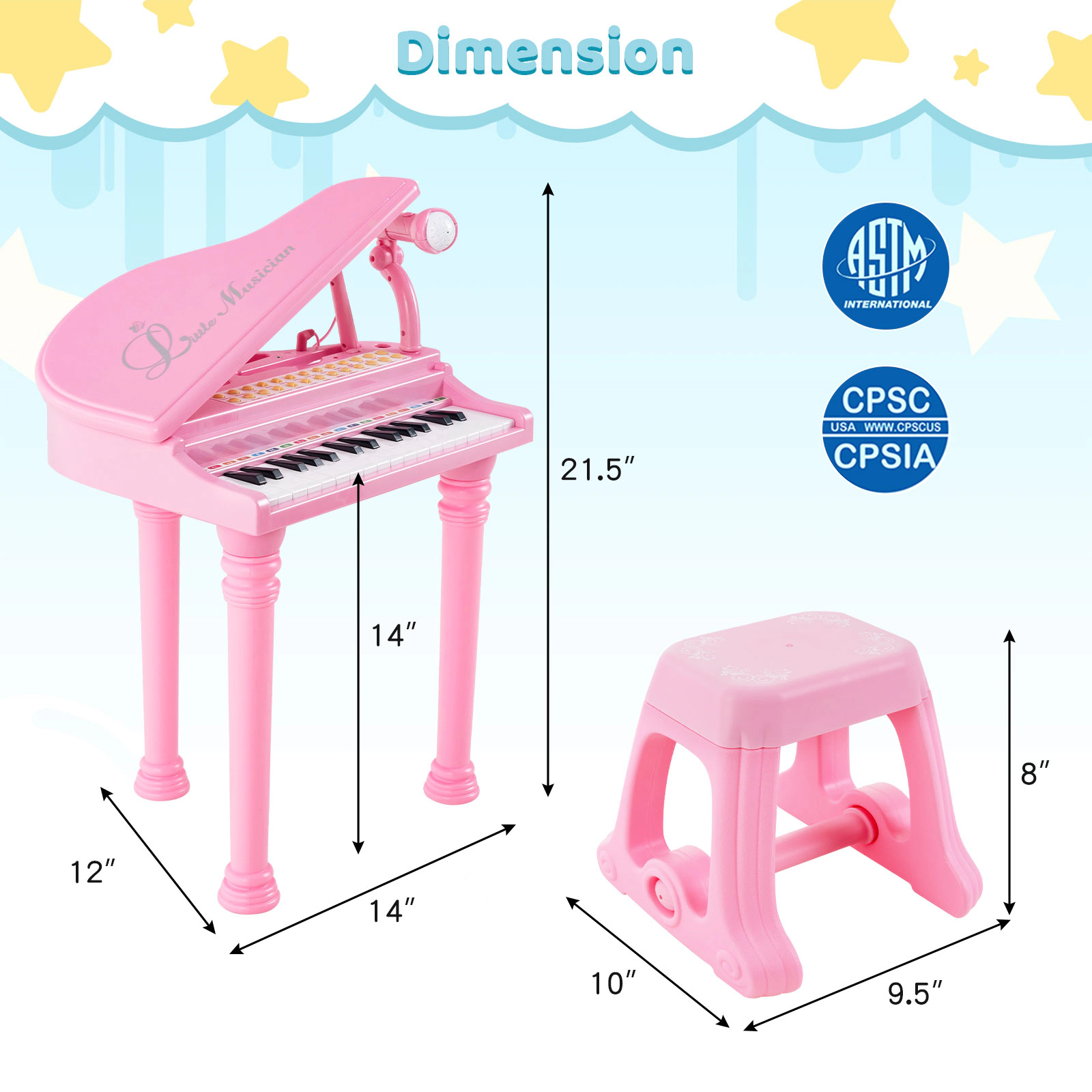 SUGIFT 31-Key Kids Piano Keyboard with Microphone, Stool and Piano Lid 110-lb Capacity Ages 3+ Pink