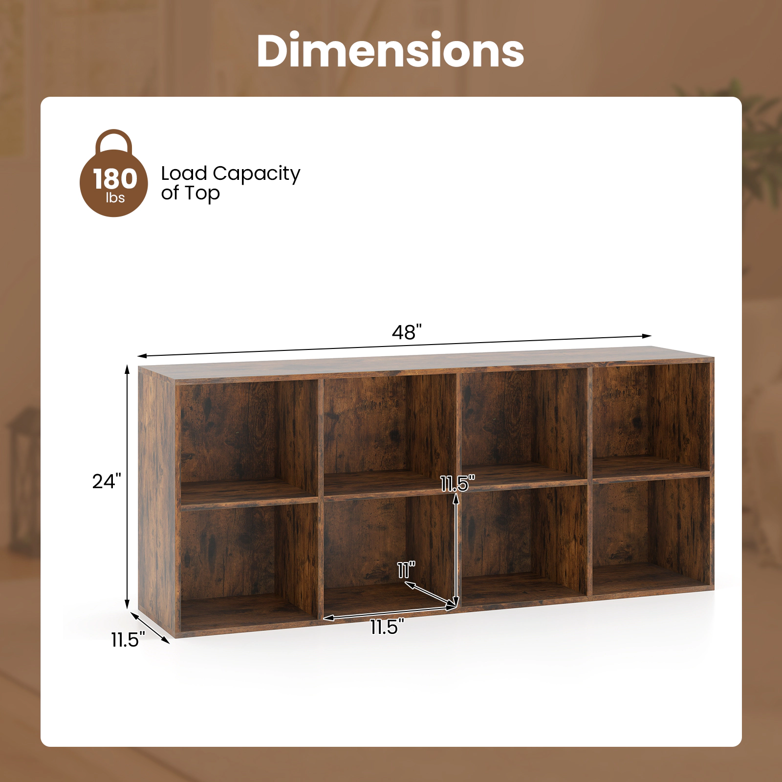 SUGIFT 8-Cube Rustic Brown 48-in Low Cube Storage Organizer Bookshelf with 2 Anti-Tipping Kits and 180-lb Top
