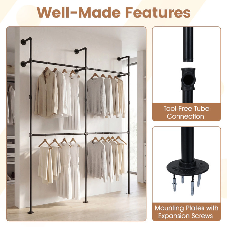 Hivvago Wall Mounted Pipe Clothing Rack with 4 Hanging Rods