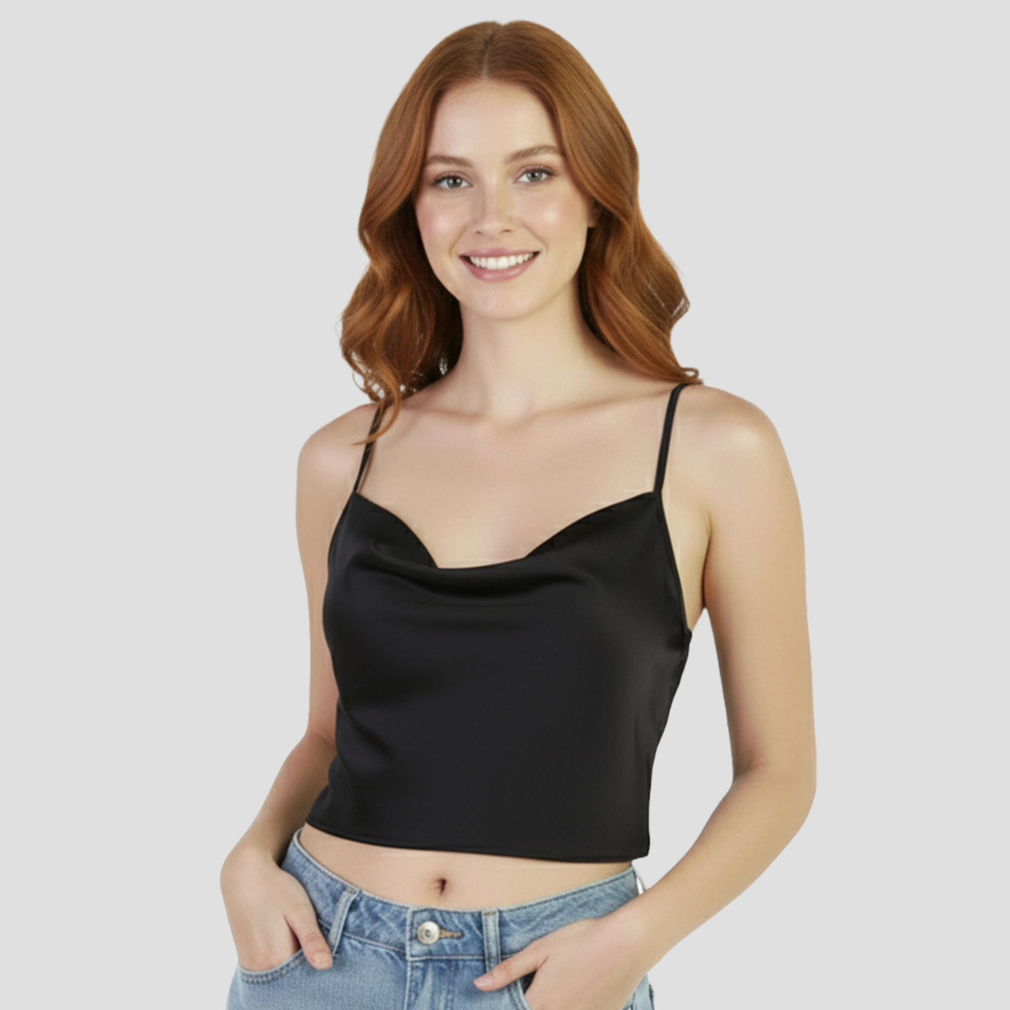 Artyska Women's Satin Cowl-Neck Silky Spaghetti Strap Camisole Crop Top