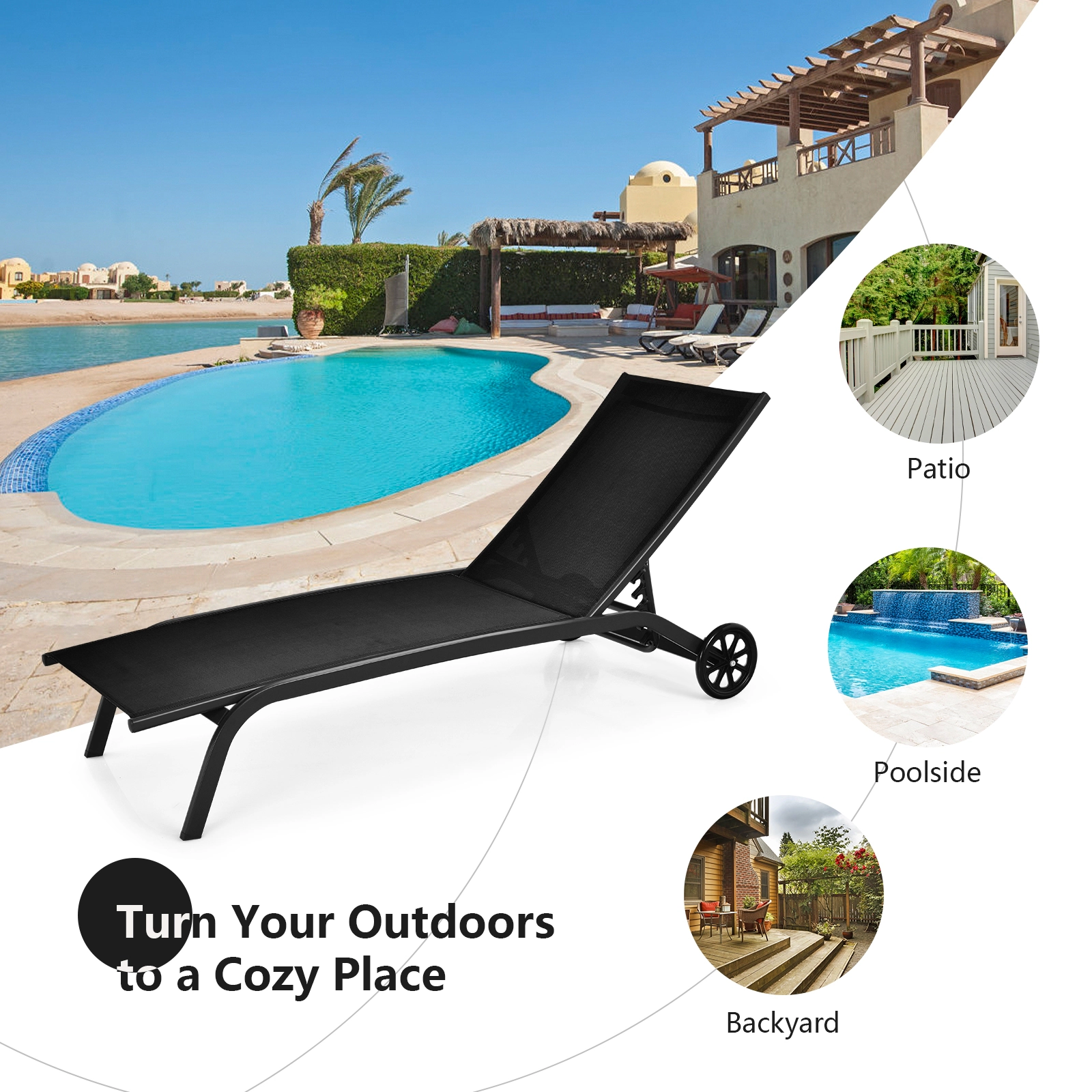 SUGIFT Wheels Powder-Coated Steel 330-lb Black 6-Position Adjustable Outdoor Chaise Recliner