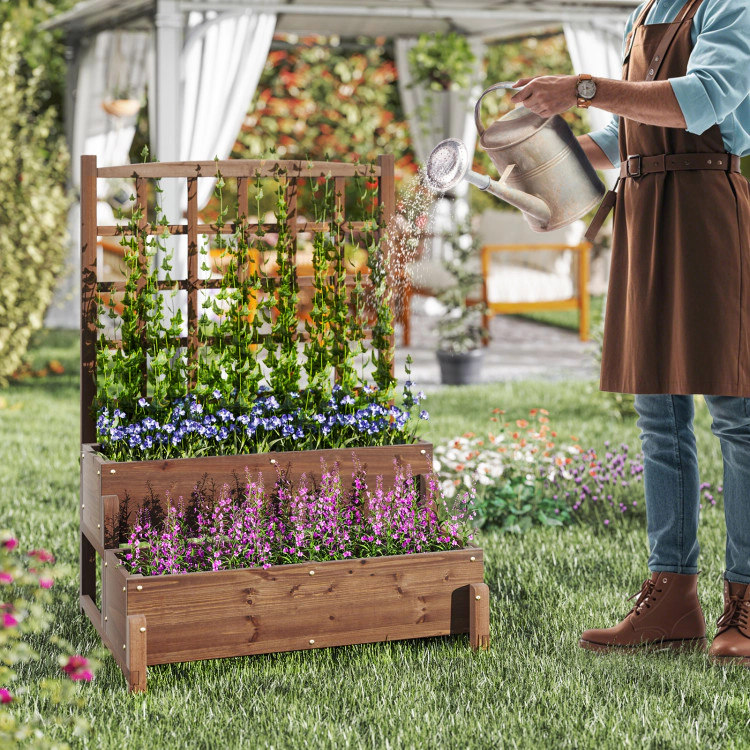 Hivvago Raised Garden Bed with Trellis 2-tier Wood Planter Box with Drainage Holes-Rustic Brown