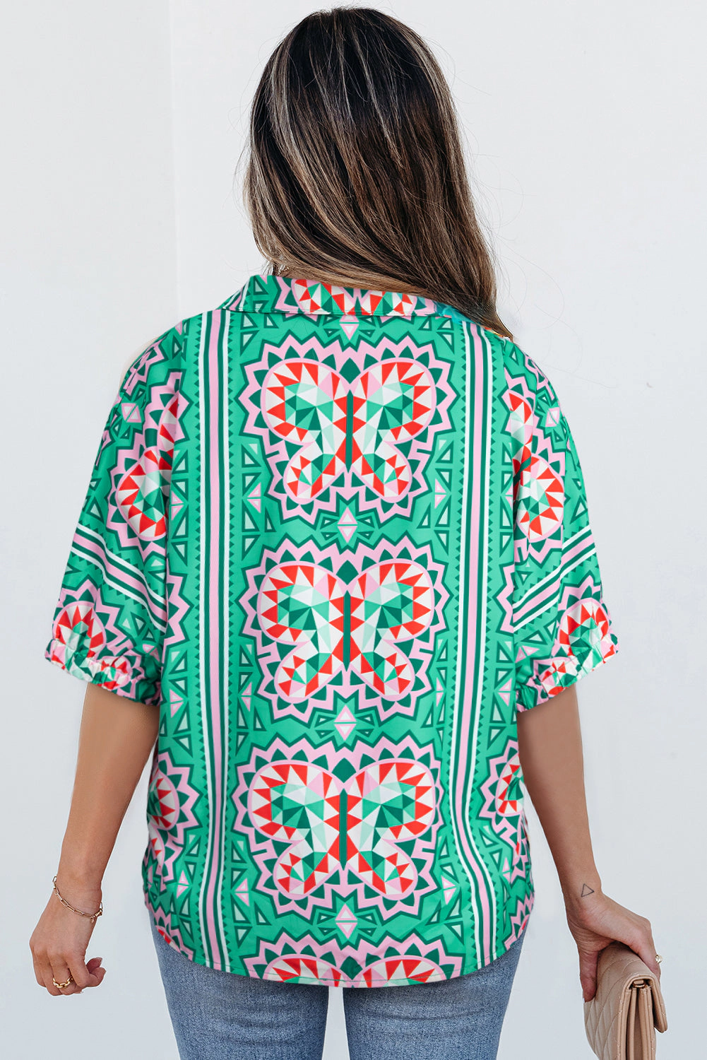 Threaded Pear Women's Kamiyah Boho Abstract Striped Collared V Neck Blouse