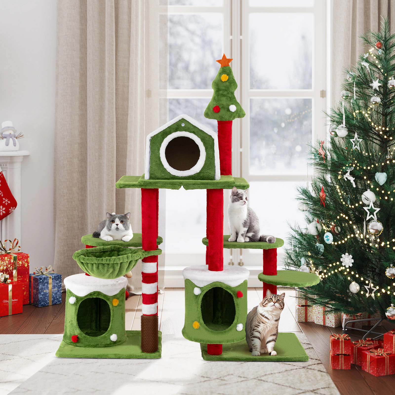 SUGIFT 58-in Tall Multi-Level Cat Tree Tower Furniture with Condos, Cat Basket & Self-Groomer 38-lb Capacity Multi-color