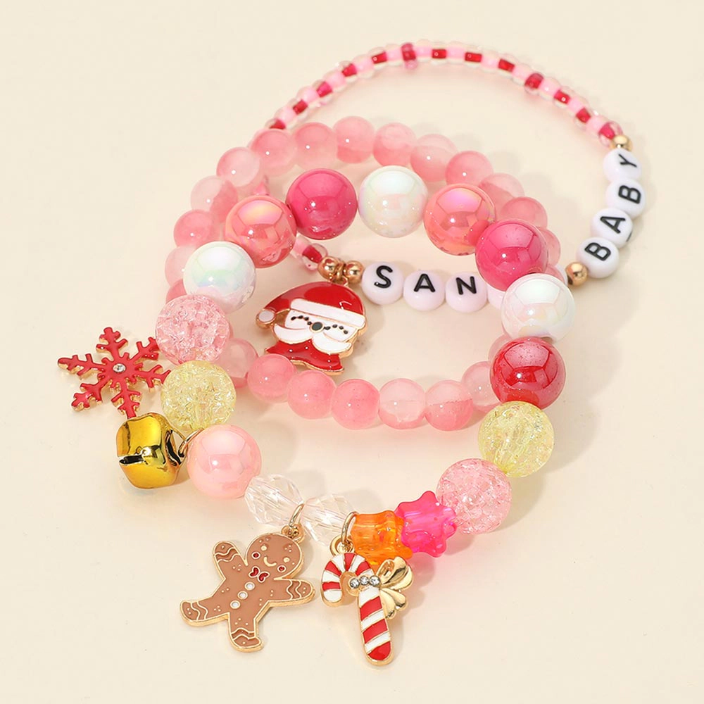 FASHNZFAB 3PCS - Christmas Santa Snowflake Man Charm SANTA BABY Message Beaded Stretch Multi Layered Bracelets