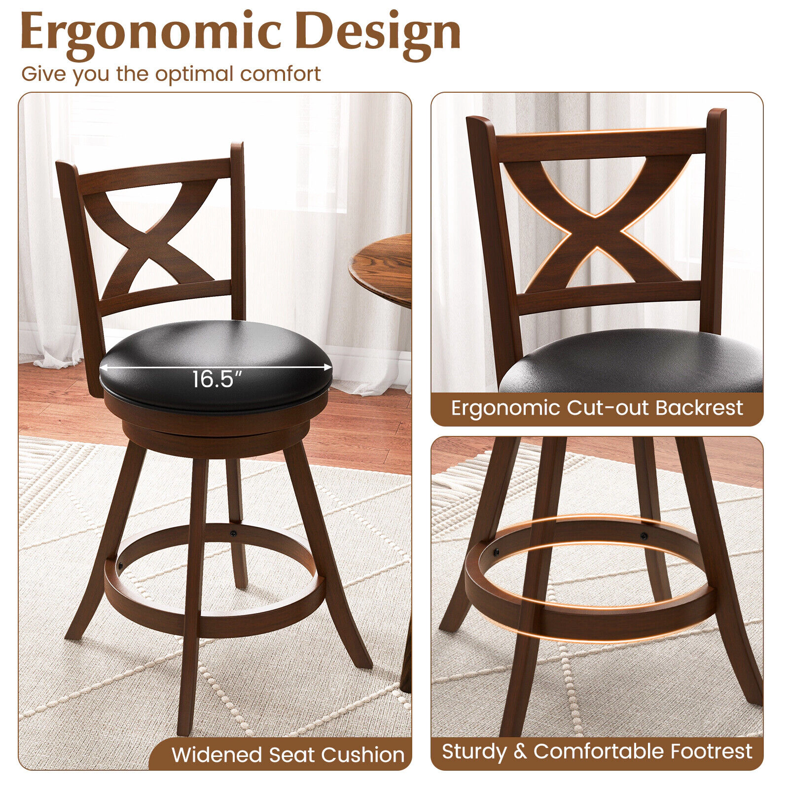 Glintex 2-Piece 24-Inch Swivel Counter Stool Set with X-Shaped Open Back, Brown
