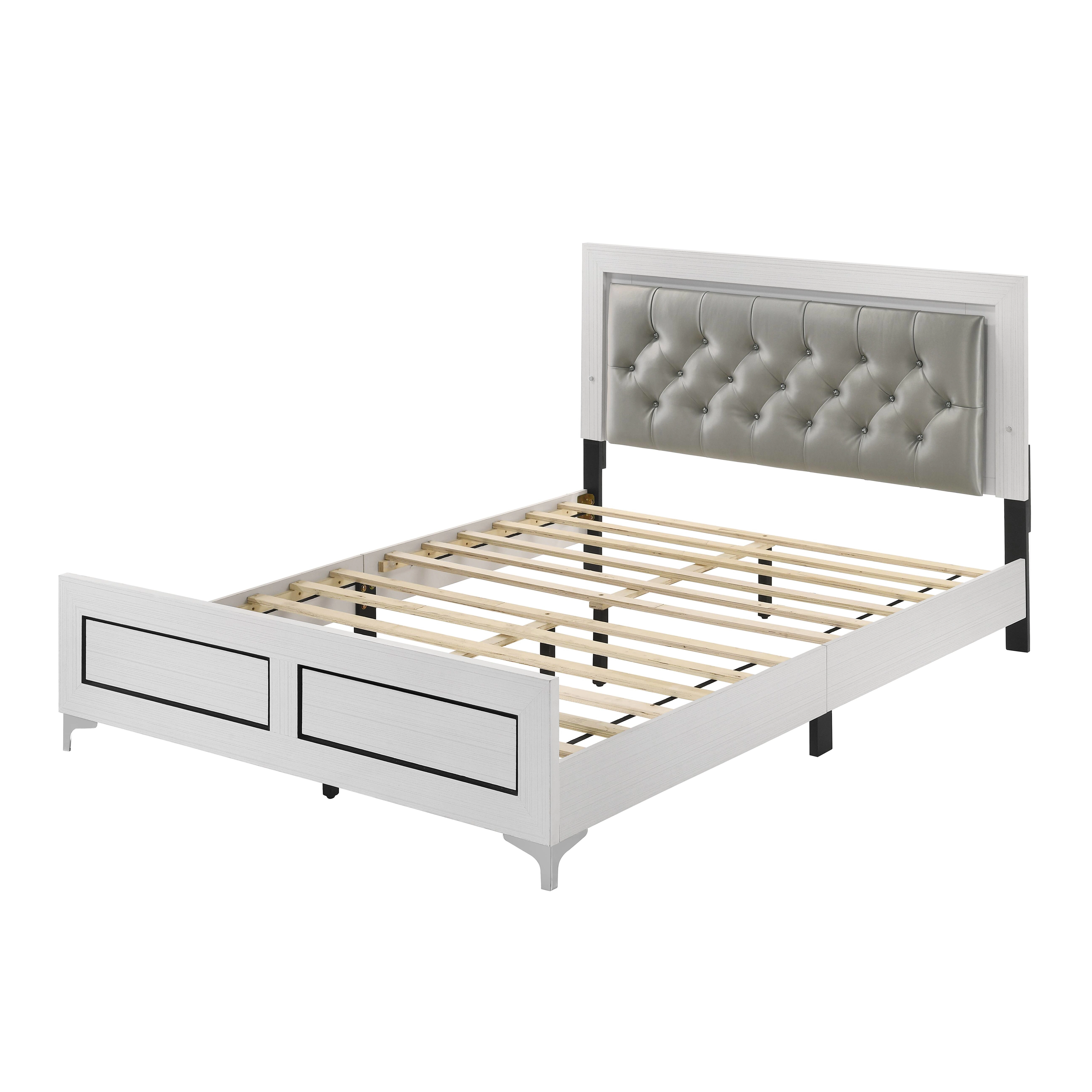 Flynama Casilda Queen Bed with LED, Gray Leatherette & White