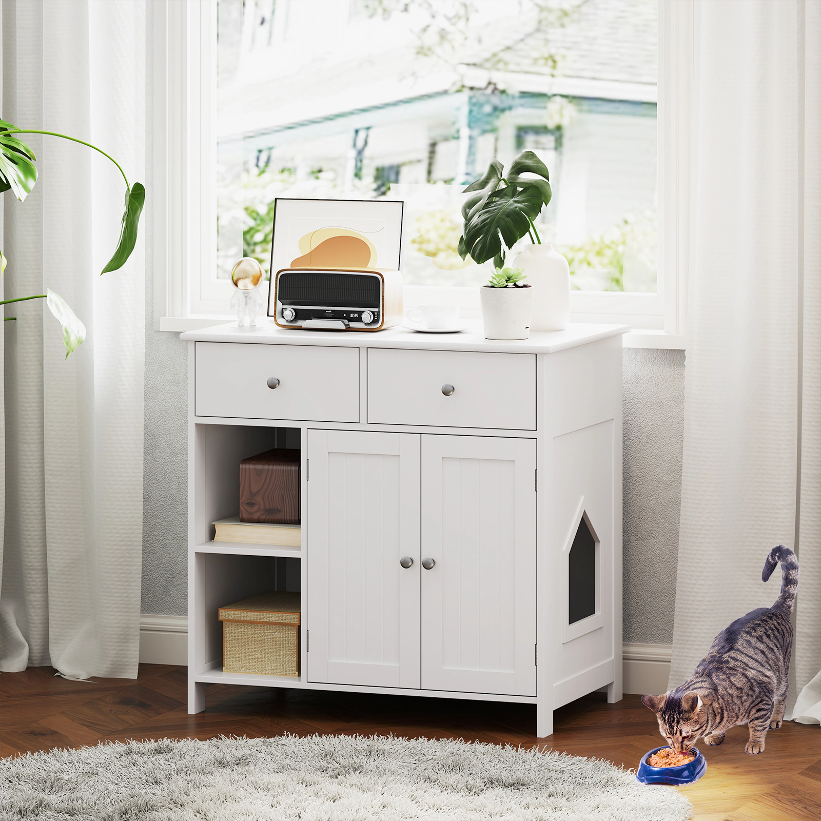 SUGIFT 31.5 x 31-in White Wooden Hidden Cat Litter Box Enclosure Side Cabinet with 2 Drawers and Side Entrance