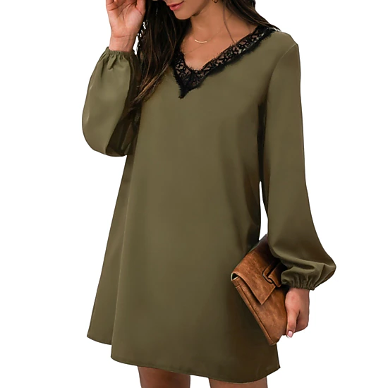 Anna-Kaci Women's Long Sleeve Mini Shift Dress with V-Neckline and Lace Trim Detail