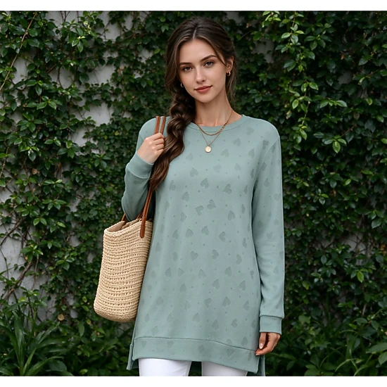 Coolmee Women's Round Neck Loose Long Sleeve Slit T-Shirt Top All Season