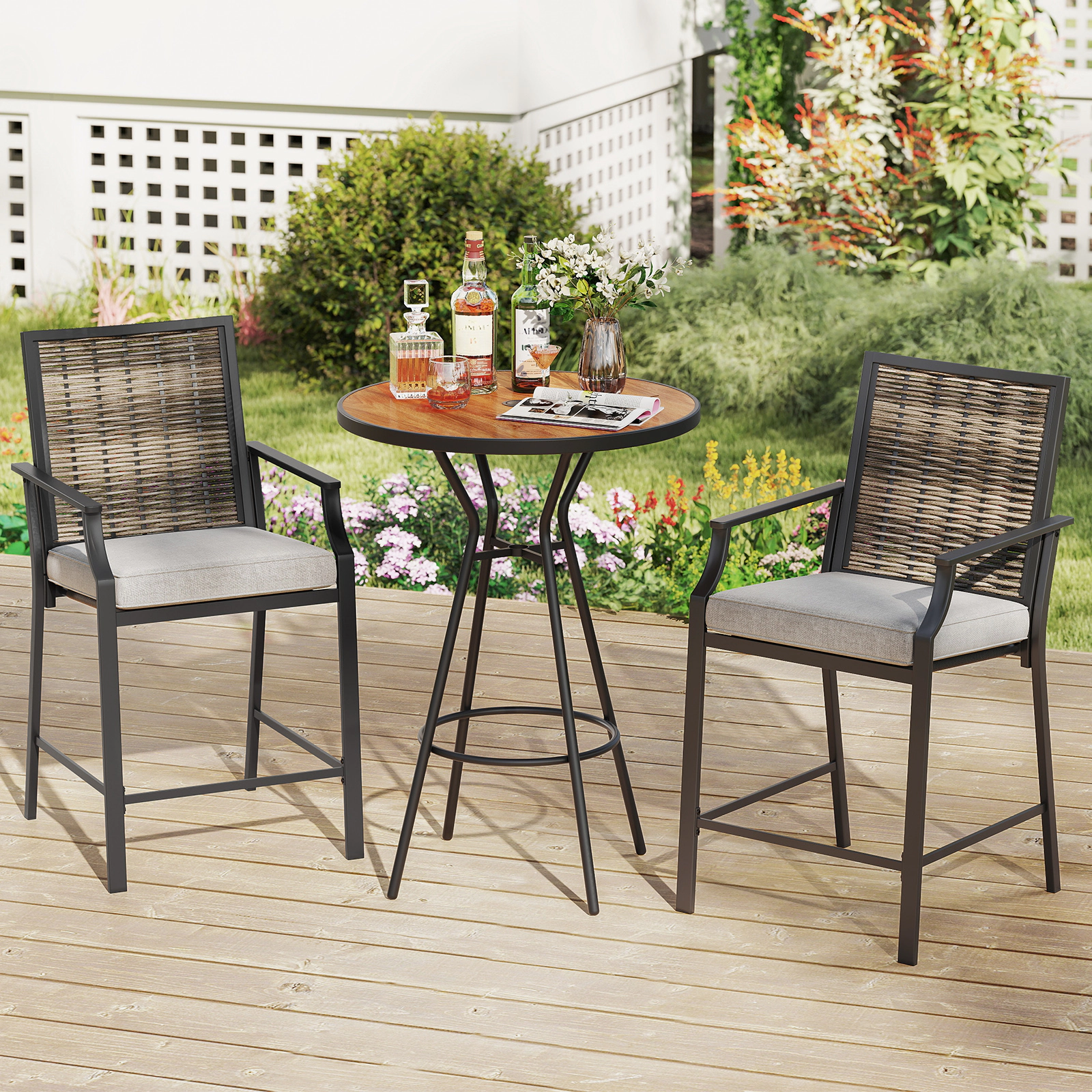 SUGIFT Set of 2 Gray Rattan Counter-Height Patio Bar Stools with Woven Backs and Cushions