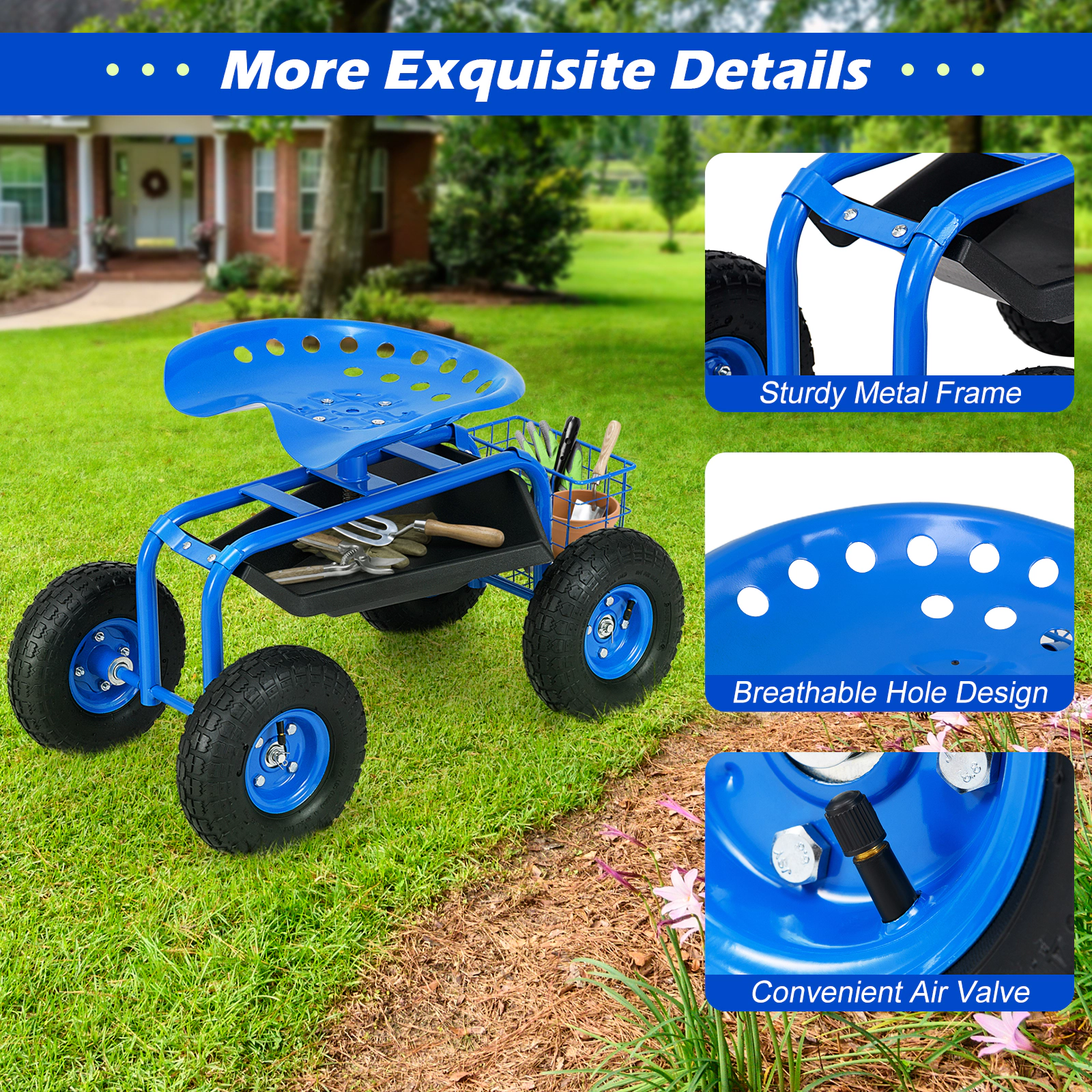 SUGIFT Blue 330-lb Capacity Rolling Garden Cart Seat Stool with Tool Tray Basket and Pneumatic Wheels