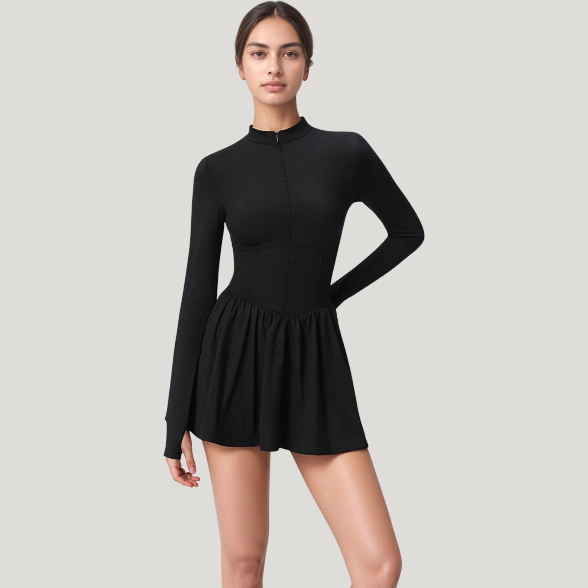 Anna-Kaci Women's Long Sleeve Athletic Dress with Front Zip and Flowy Skirt