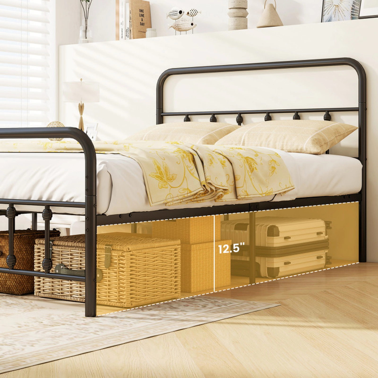 SUGIFT Victorian Style Bed Frame with Headboard and 12.5-in Under Bed Storage Full Size 1100-lb Capacity Black