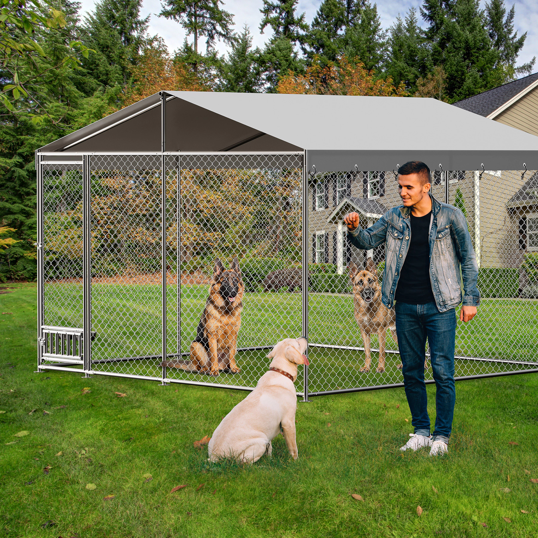10x10x7 ft Outdoor Dog Kennel with Waterproof Anti-UV Roof, Heavy Duty Galvanized Pet Playpen for Backyard