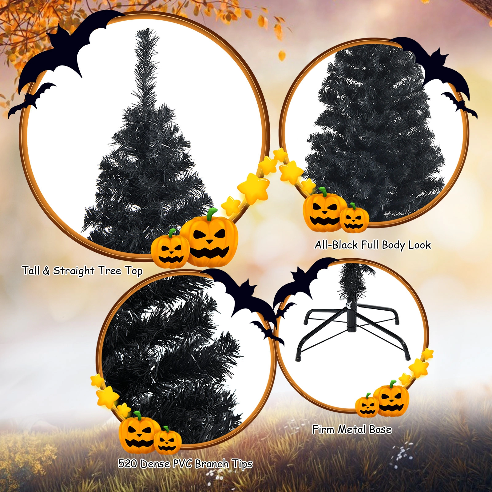 Glintex 6-Ft Black Pencil Tree with 520 Tips and Folding Metal Stand, Black