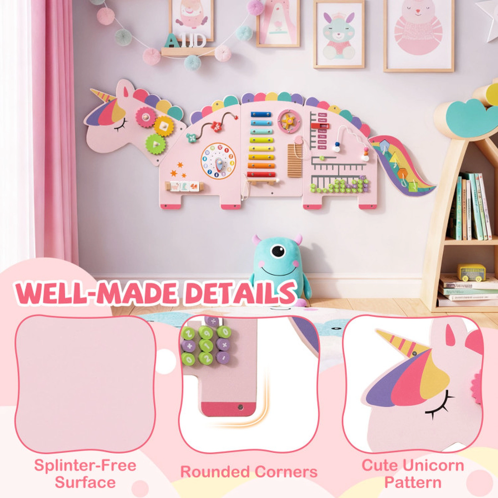 SUGIFT 11-in-1 Dinosaur Busy Board Wall Panels with 8-Note Xylophone Sliding Maze and Rotary Gears