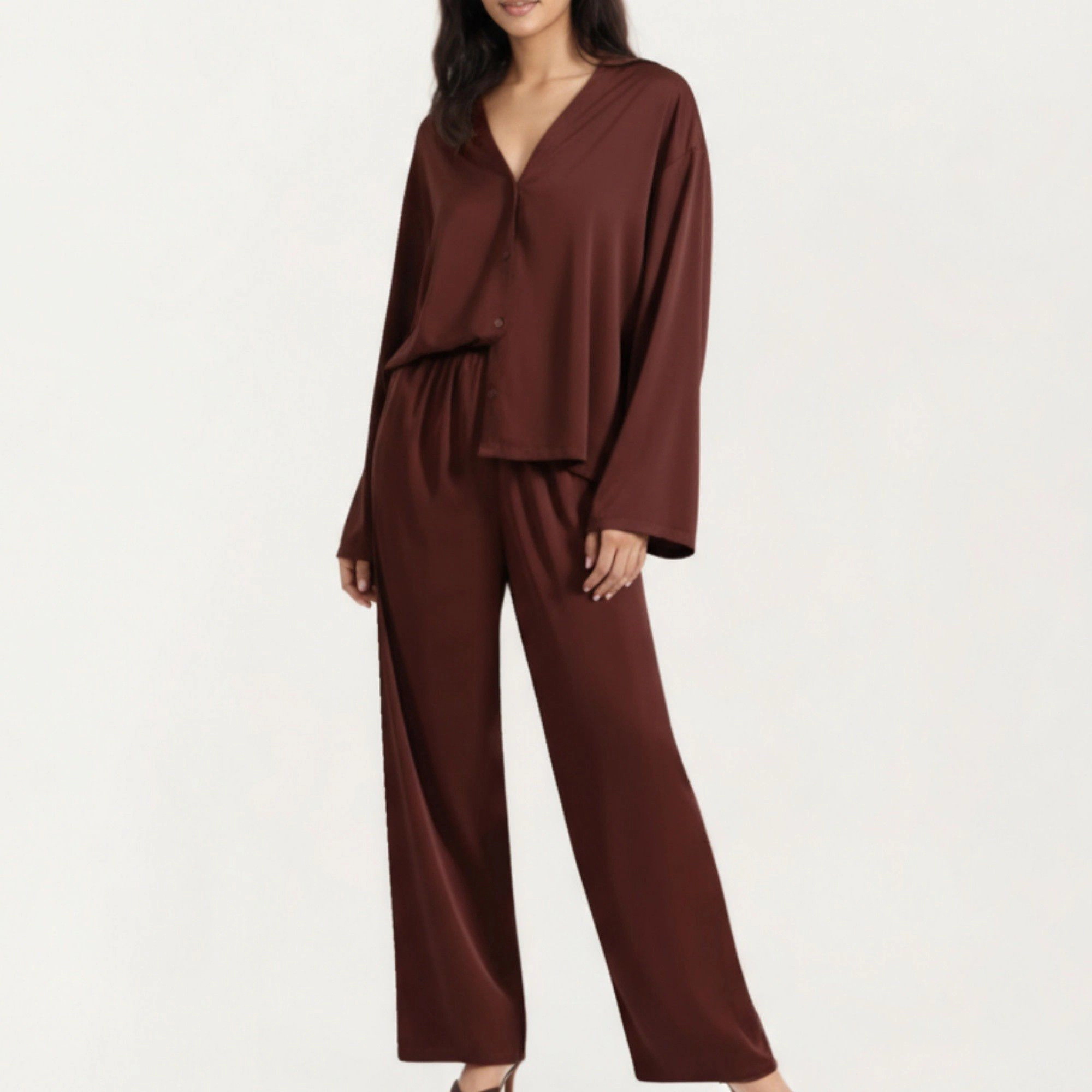 Anna-Kaci Women's 2-Piece Satin Long Sleeve V-Neck Button Front Top and Relaxed Fit Pants
