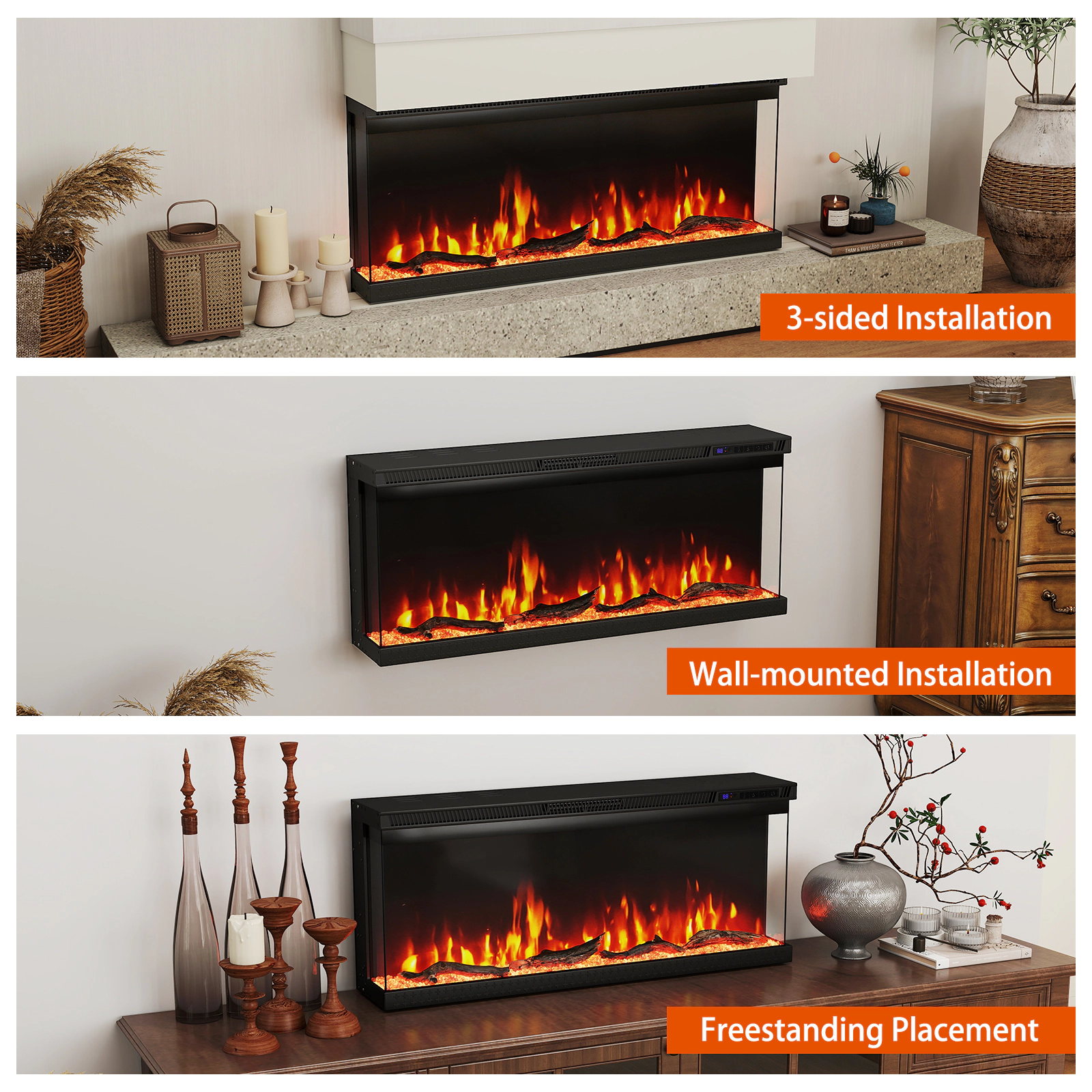 SUGIFT 40-Inch 3-Sided Electric Fireplace Insert, 5,000 BTU, 12 Flame Colors, Remote Control