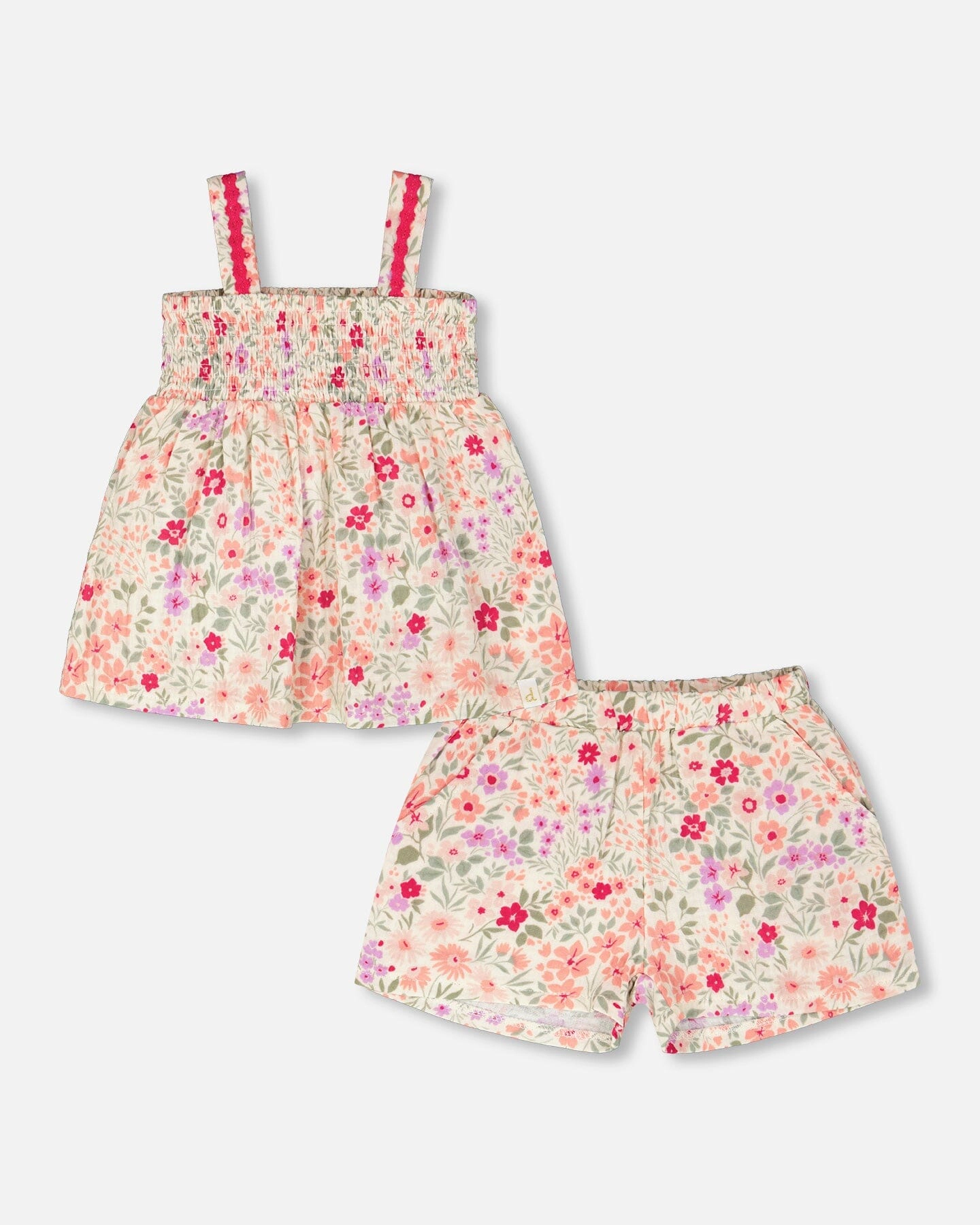 Deux par Deux Girls Tank Top with Smocking and Shorts Set In Muslin Printed Flowers