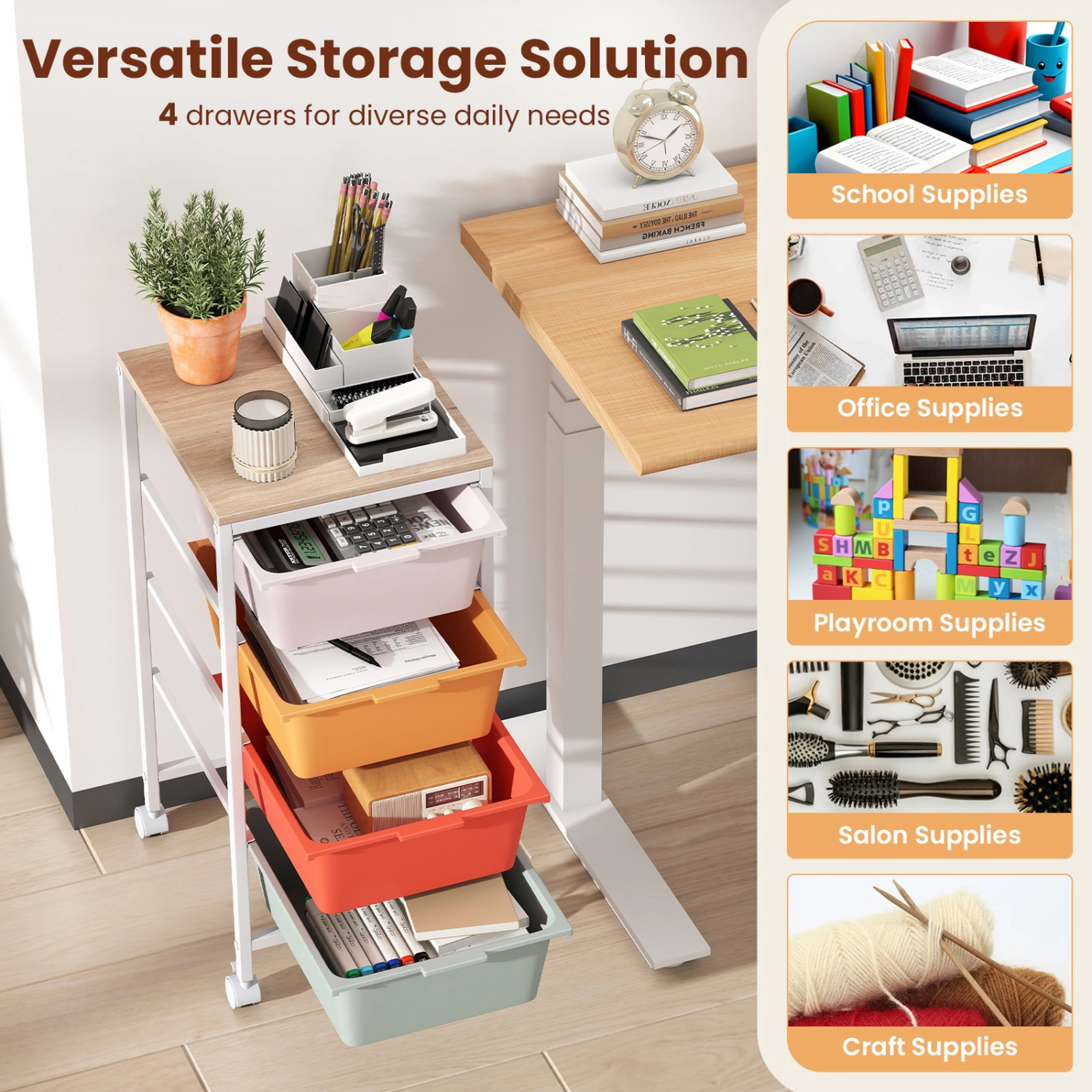 SUGIFT 28-in 4-Drawer Rolling Cart with Wood Top Nightstand and Coffee Station Organizer on Quiet Casters