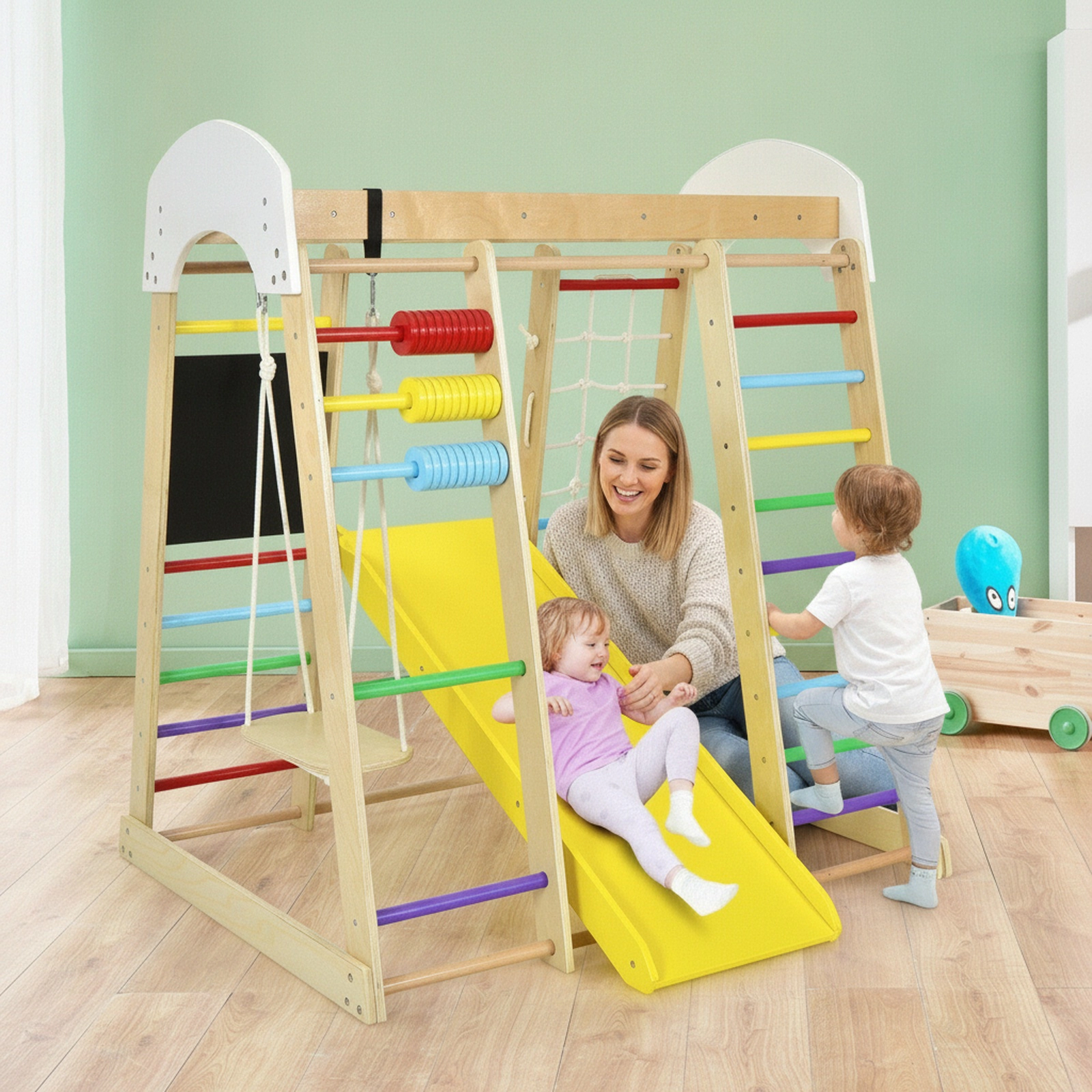 8-in-1 Wooden Indoor Climbing Gym Playset 54.5-in Tall Reversible Slide Odorless Finish 110-lb Per Part Ages 3+