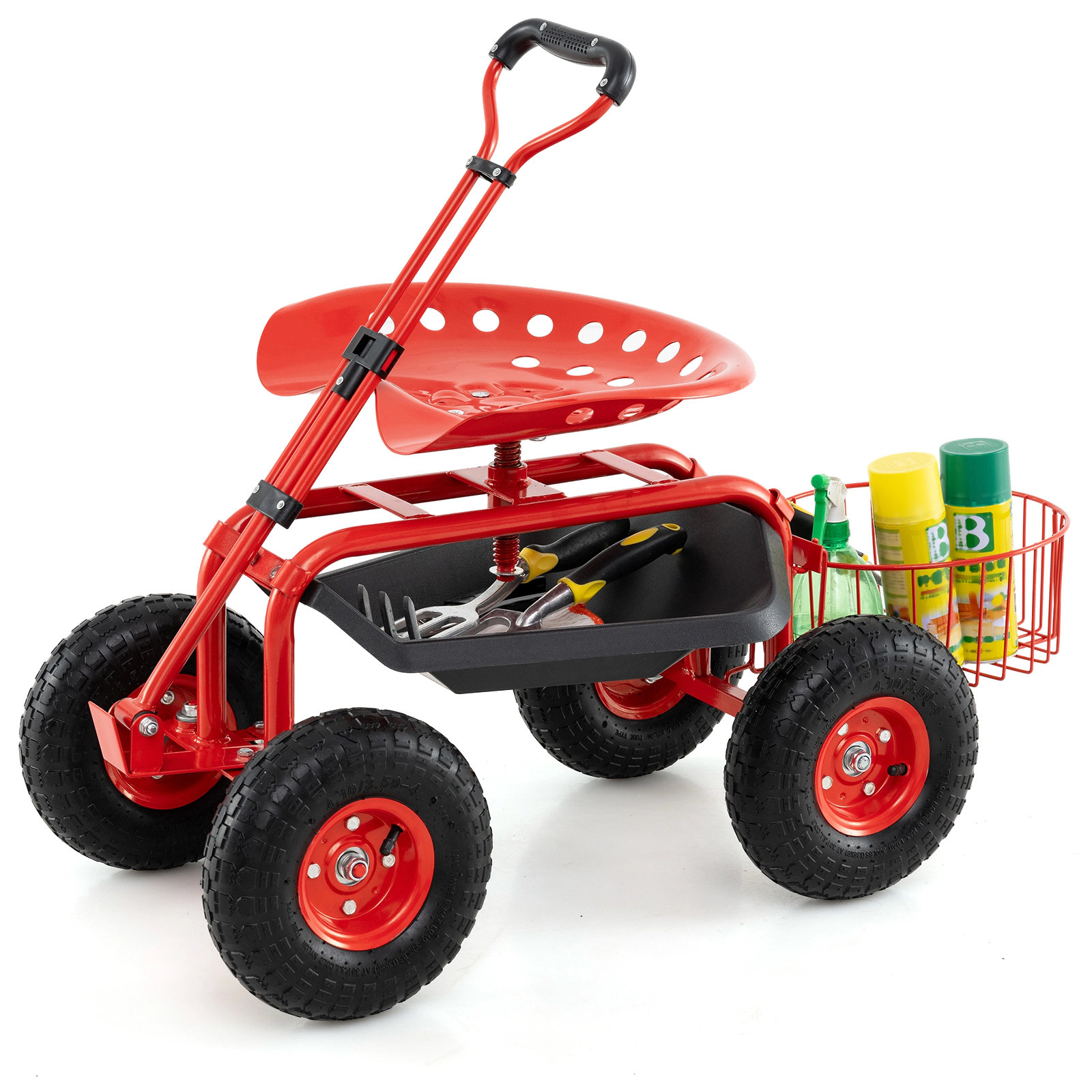 SUGIFT Heavy Duty Garden Cart with Tool Tray and 360 Swivel Seat 330-lb Capacity Green with Basket and 10-in Wheels