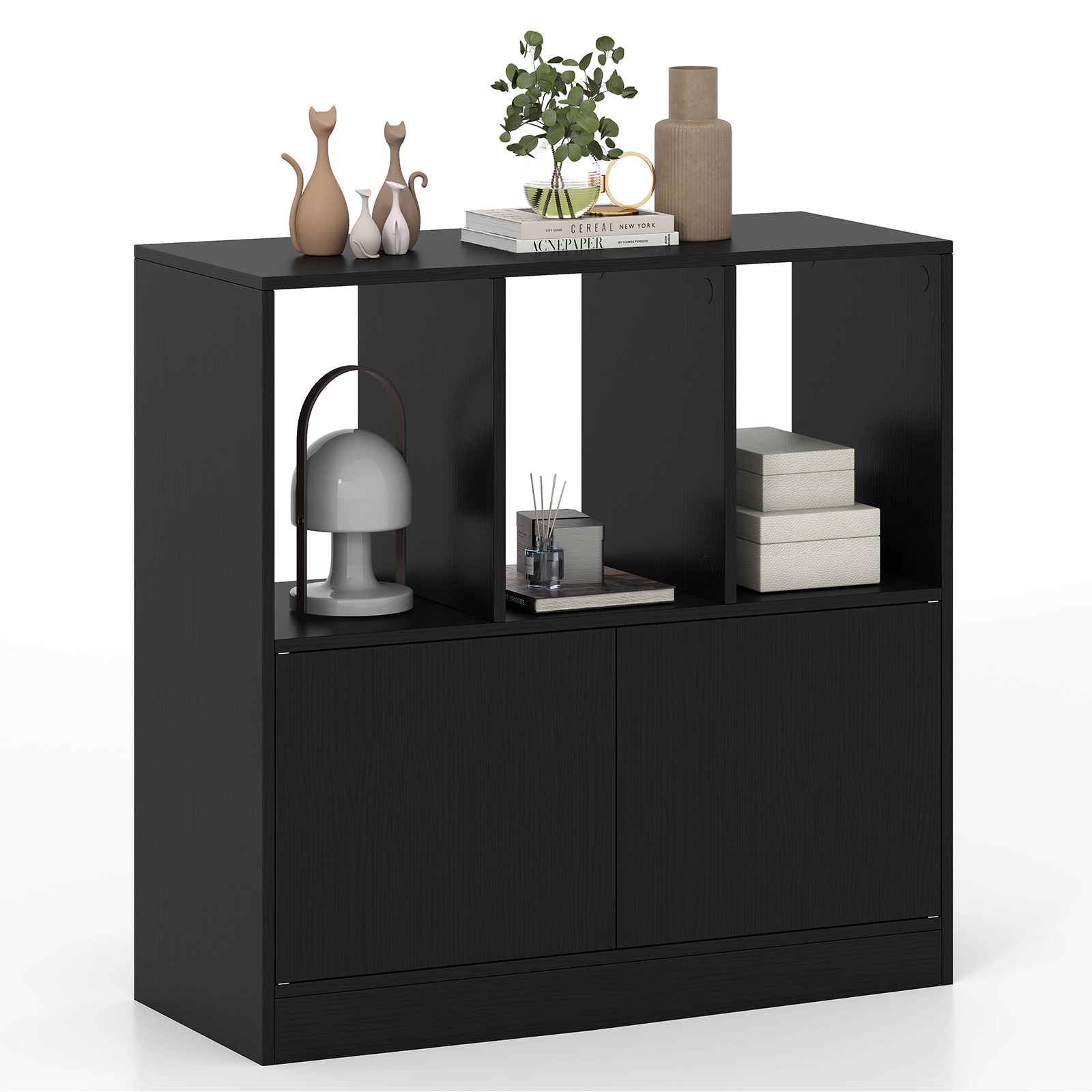 SUGIFT 3-Cube Bookcase with Doors and Enclosed Cabinet Compartment