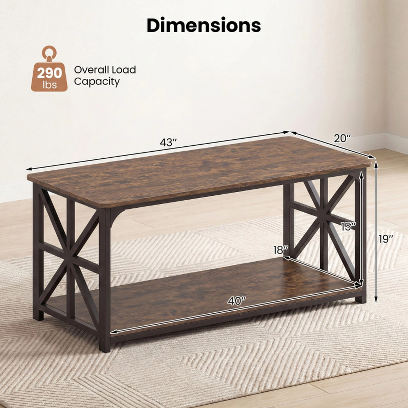 SUGIFT 2-Tier Coffee Table Center Table with Storage Shelf 290-lb Capacity 43-in Brown Engineered Wood and Carbon Steel