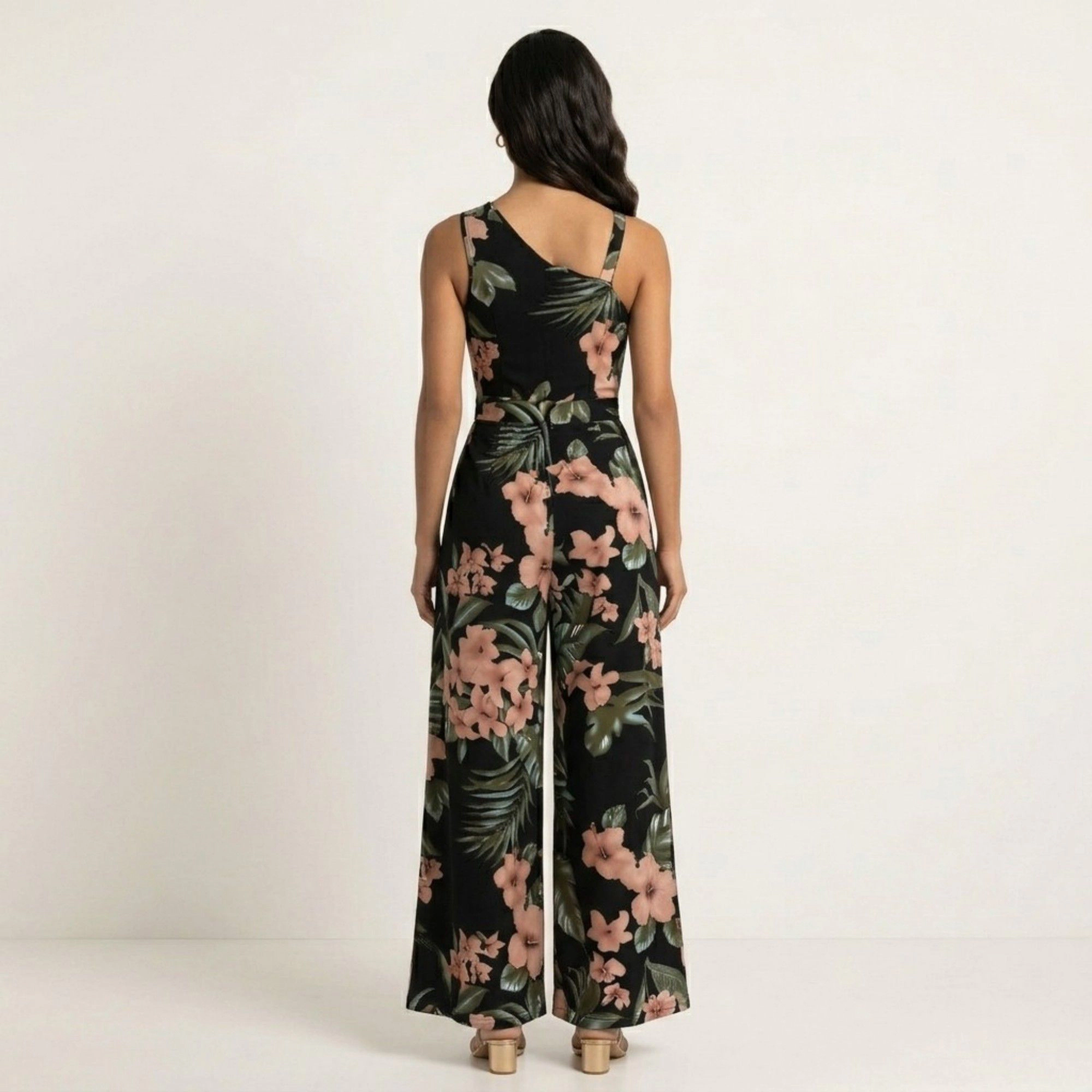 Anna-Kaci Womens Floral Asymmetrical Neck Wide Leg Jumpsuit