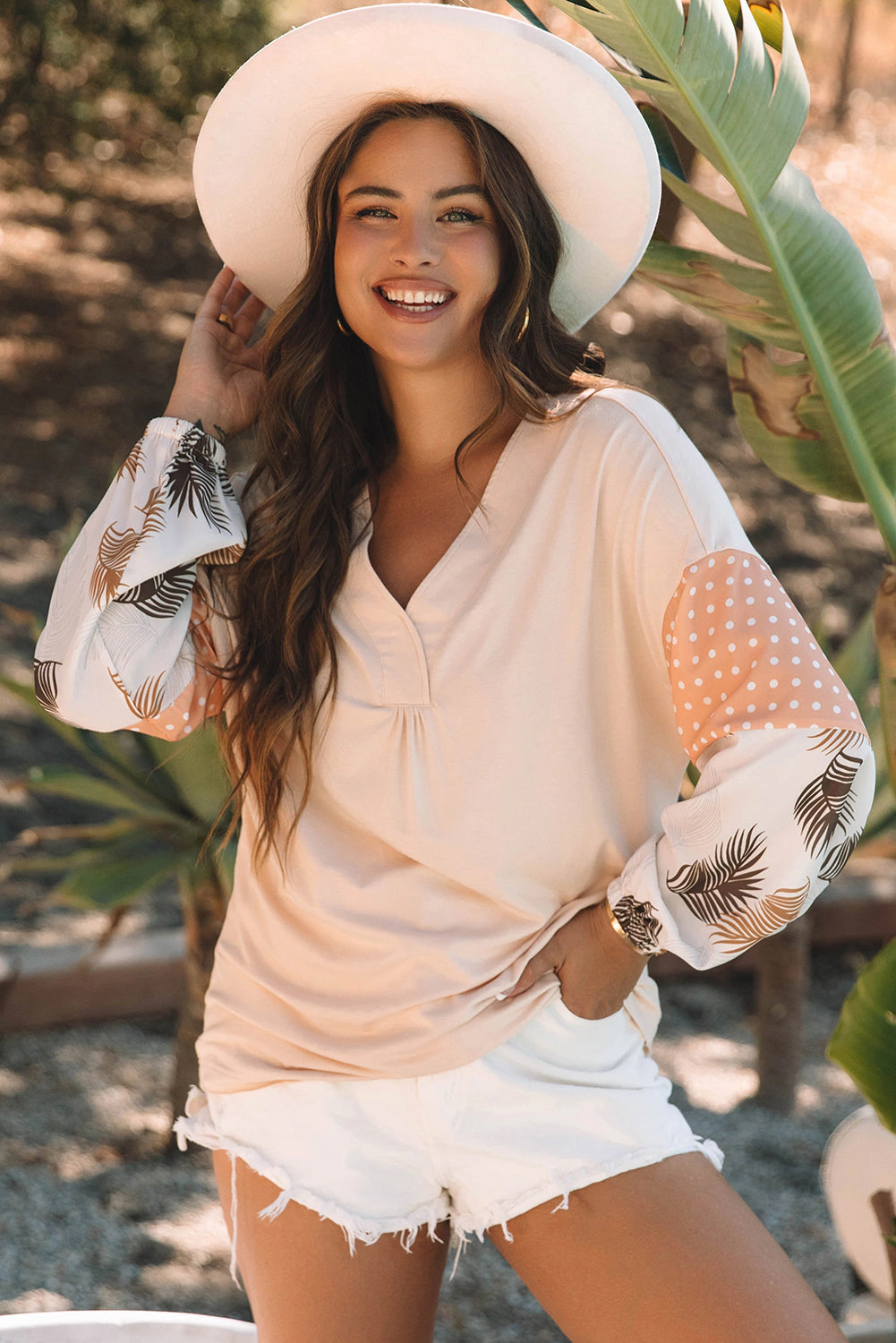 Threaded Pear Women's Alora Palm Leaves Polka Dot Loose Blouse