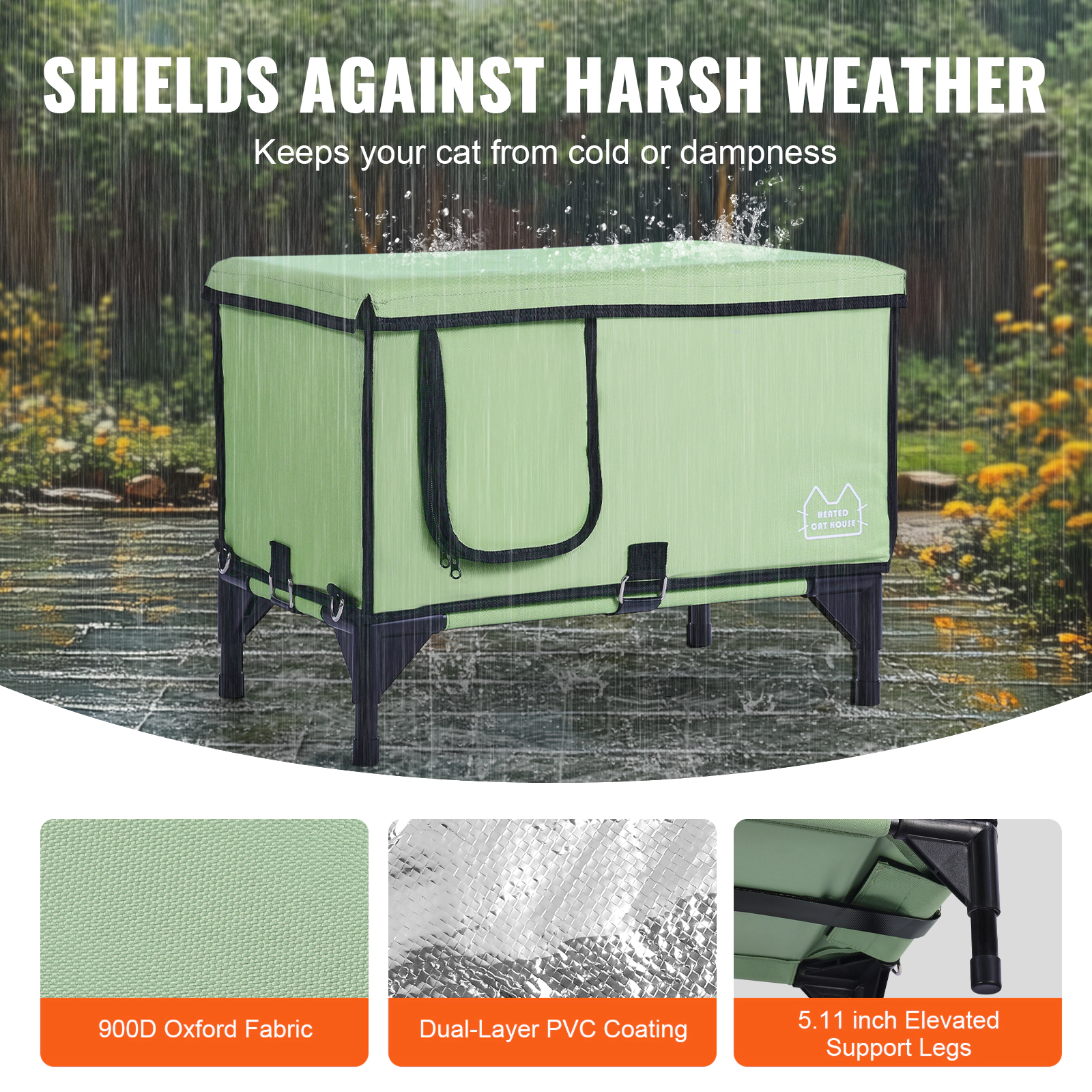 HONGGE Elevated Heated Cat House Cuboid Kitty Shelter with Adjustable Temperature and Timer 900D Oxford Cloth Foldable