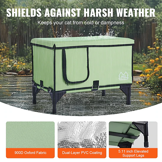 HONGGE Elevated Heated Cat House Cuboid Kitty Shelter with Adjustable Temperature and Timer 900D Oxford Cloth Foldable