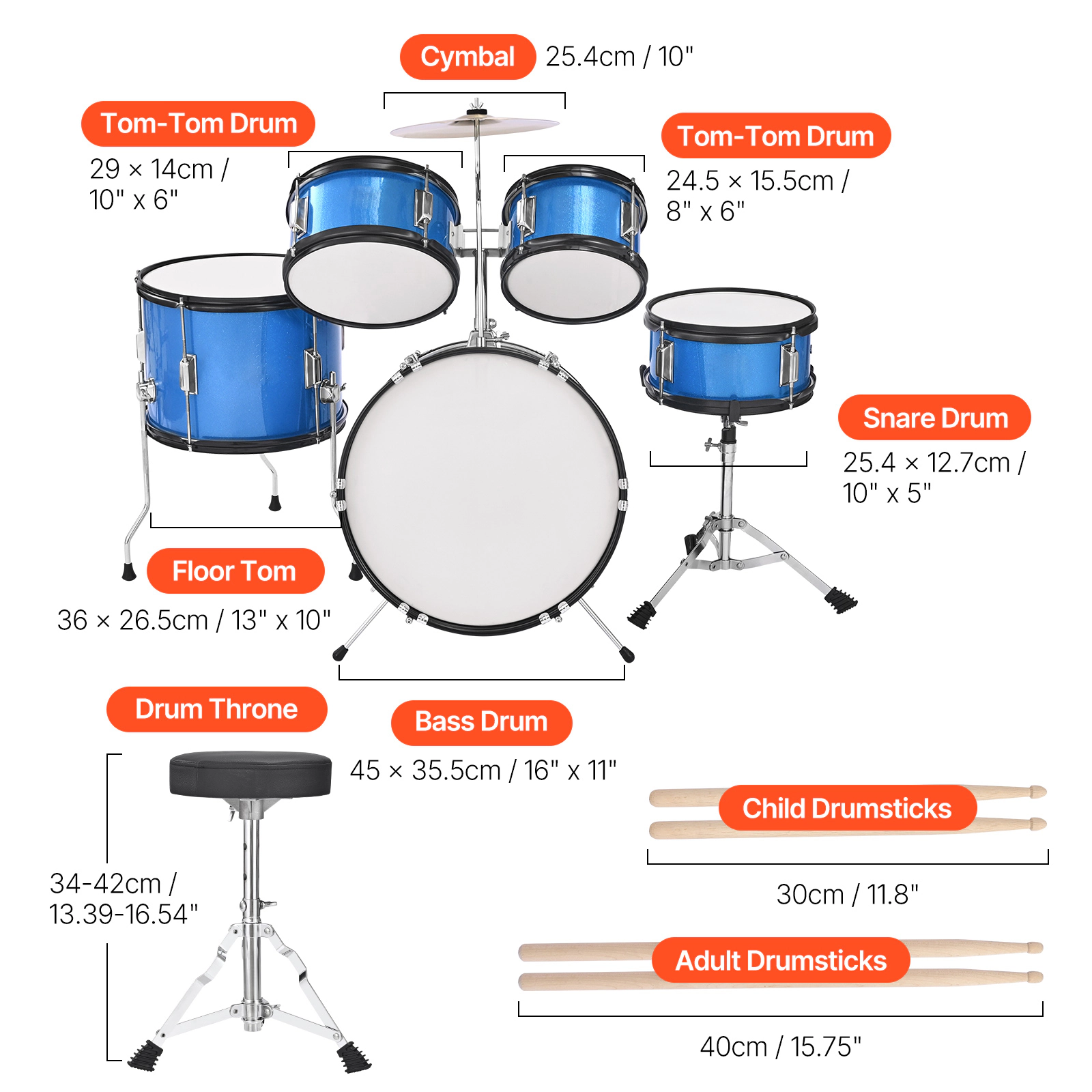 HONGGE Kids Drum Set Junior Drum Sets Beginner Drums Set with Adjustable Throne Cymbal & Two Pairs of Drumsticks