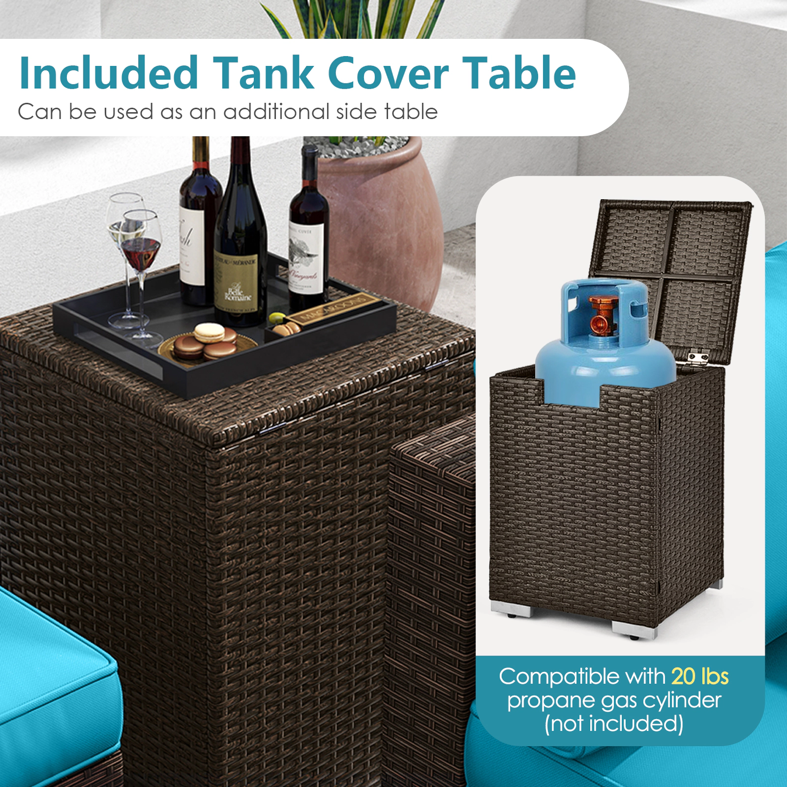 SUGIFT 9-Piece Gray Patio Wicker Sectional Set with 50000-BTU Fire Pit Table 35-in W 330-lb Tabletop Capacity