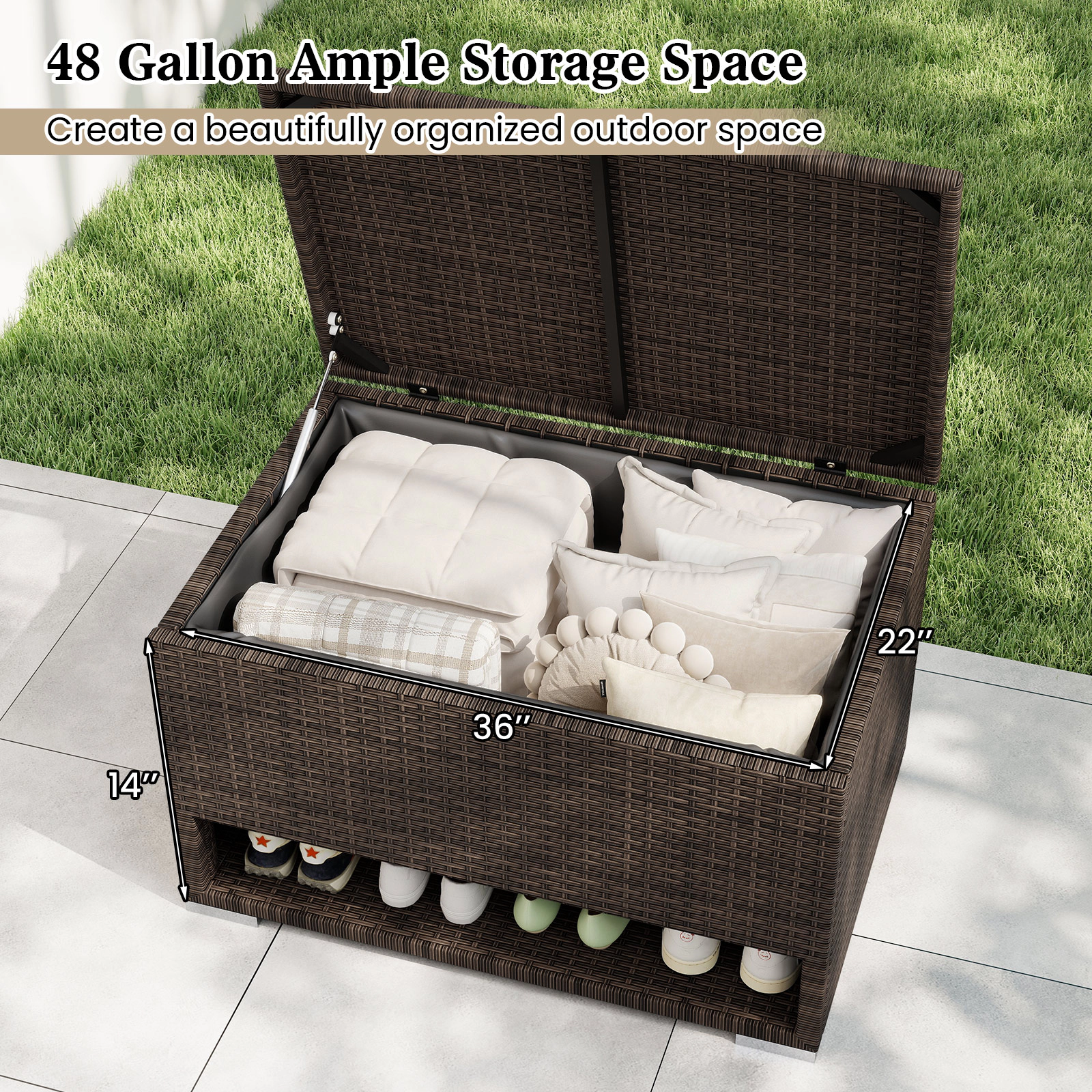 SUGIFT PE Rattan Outdoor Storage Box with Waterproof Liner 48-Gallon 38-in Wide 110-lb Lid Capacity Mix Brown 1-Piece