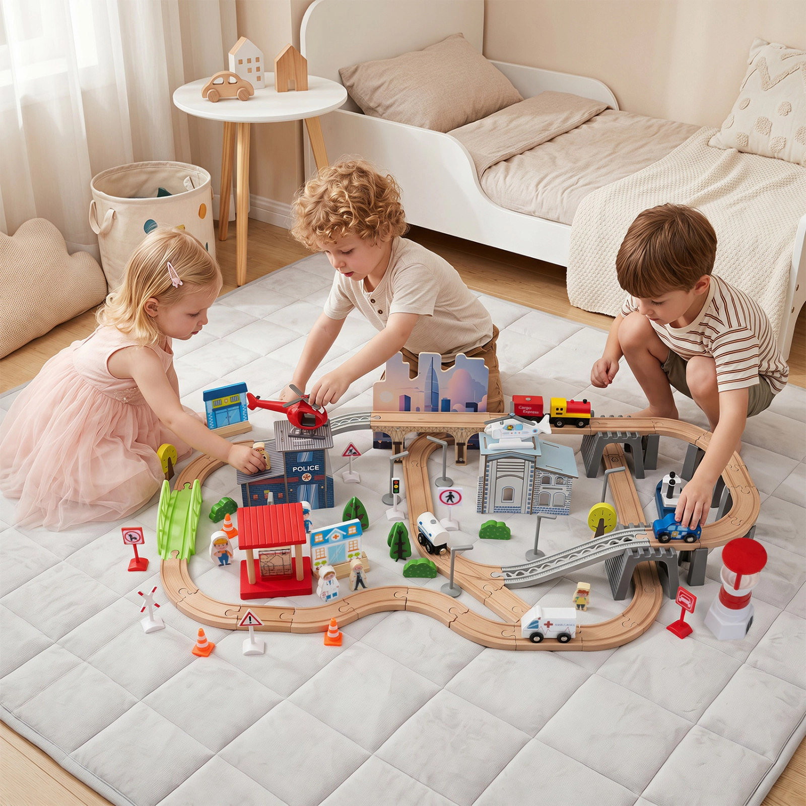 SUGIFT 110-Piece 66-lb Capacity 3-in-1 Wooden Train Table with Storage Drawer and Rope Pull Handle