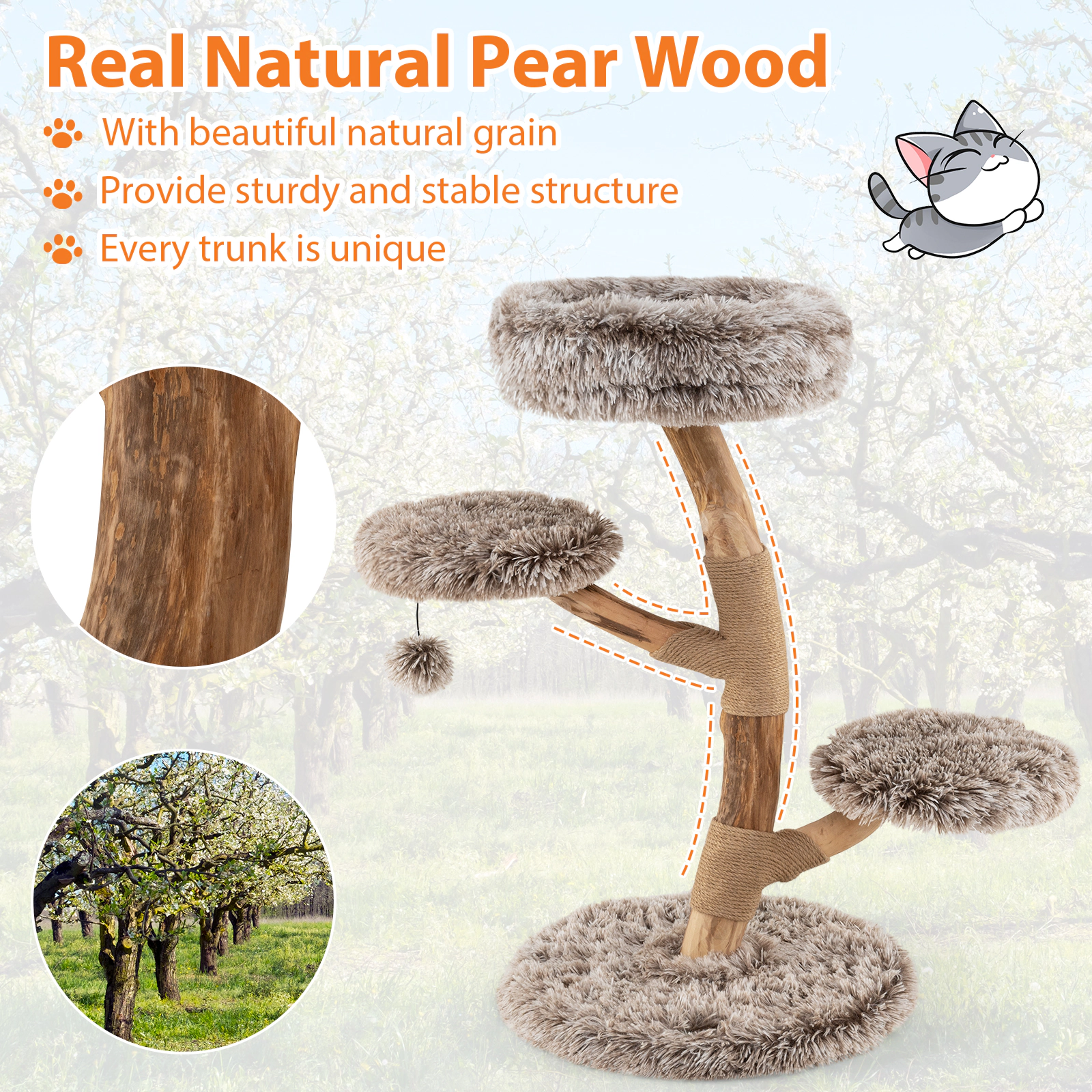 SUGIFT Brown Pear Wood Cat Tree with Plush Perch and Jute Scratching Posts 19.5-in Dia 35.5-in H 22-lb Per Layer