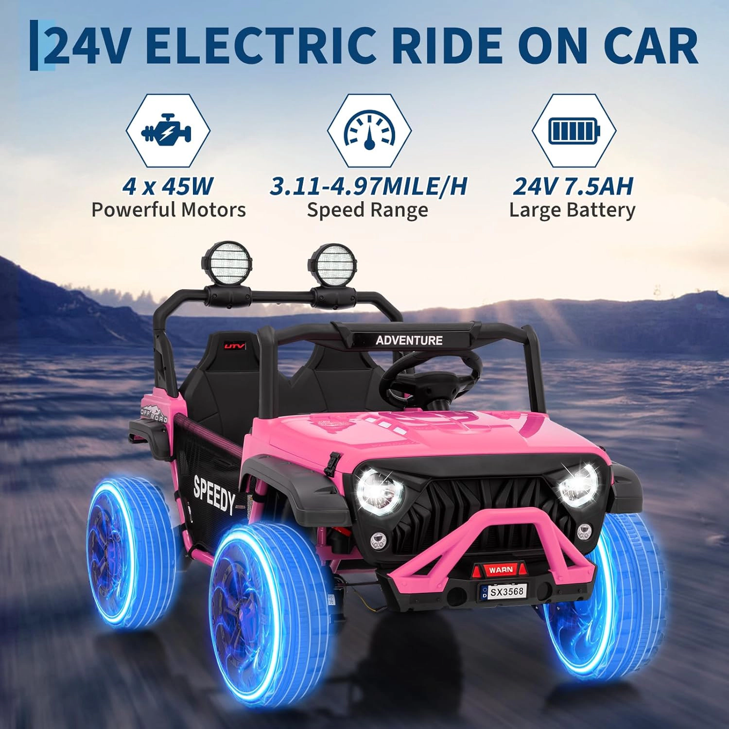 Enjyam 24V 2-Seater Kids Ride On Truck, 4WD Electric Vehicle w Remote,3 Speeds,Suspension,Dual Storage,LED Lights&Music