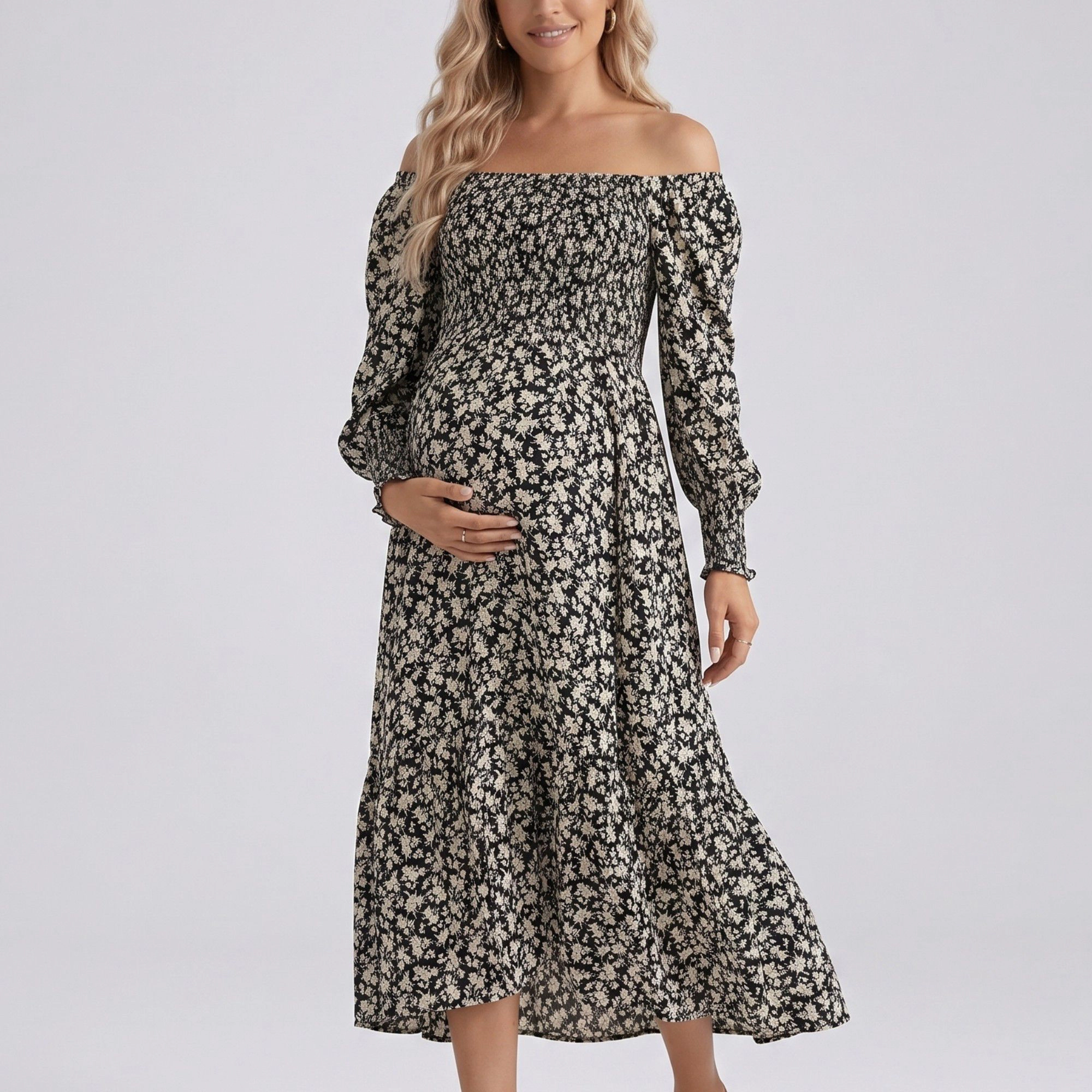 Anna-Kaci Women's Maternity Off Shoulder Floral Smocked Bodice Tiered Hem Midi Dress