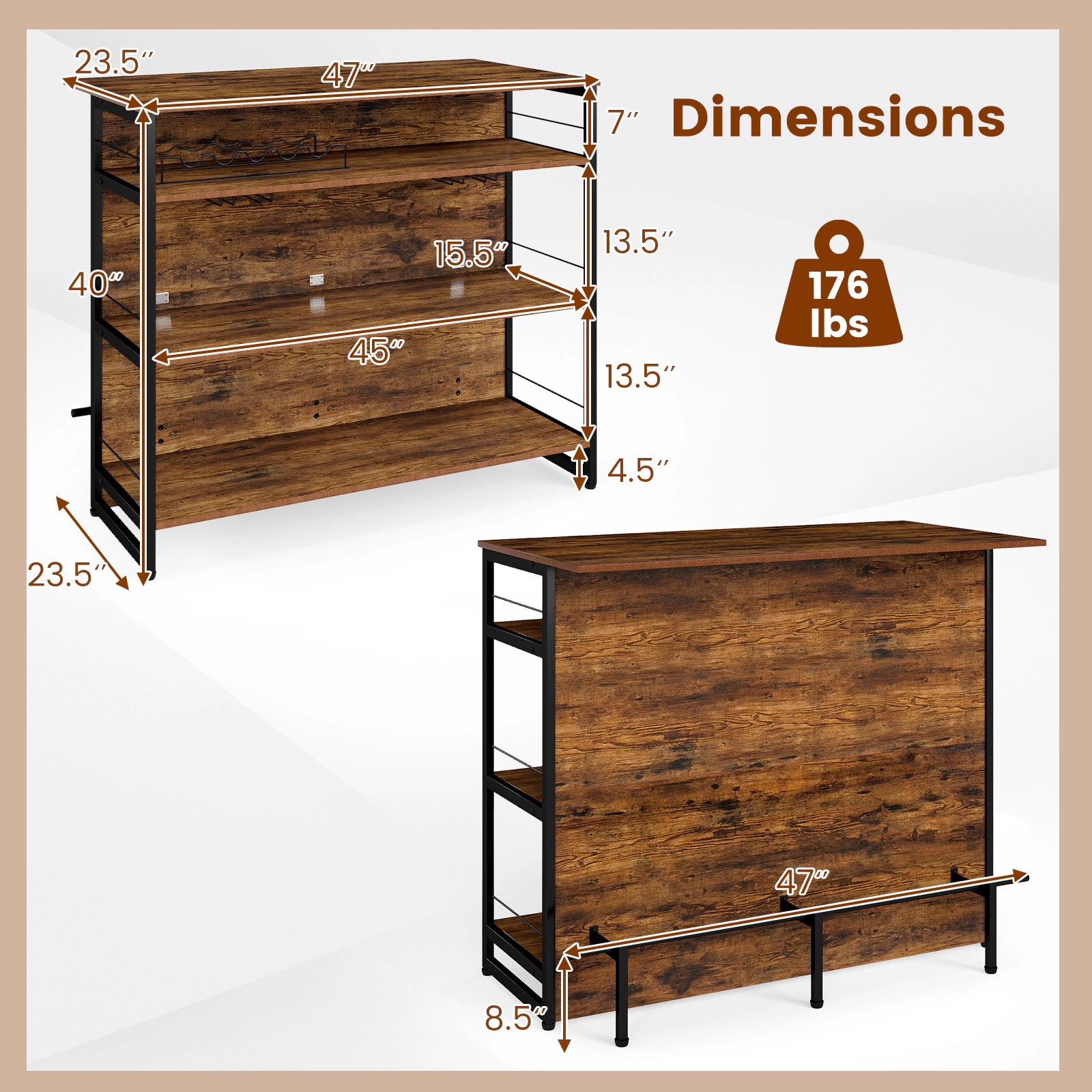 SUGIFT 4-Tier Mini Bar Kitchen Island Coffee with Full-Width Footrest and Wine Rack