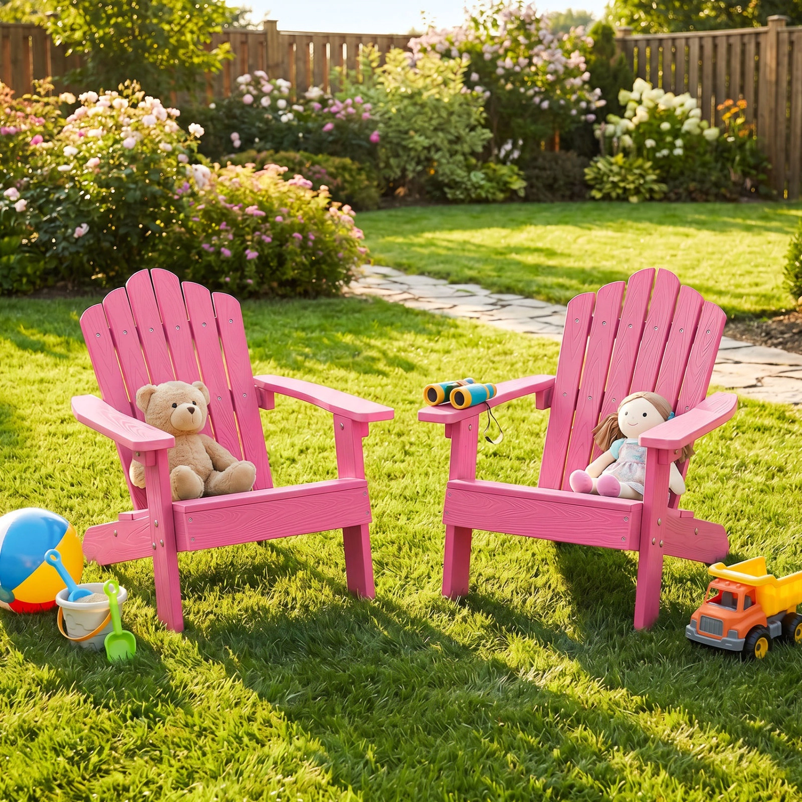 SUGIFT Set of 2 Pink Kids Adirondack Patio Chairs, HIPS, Tilted High Backrest