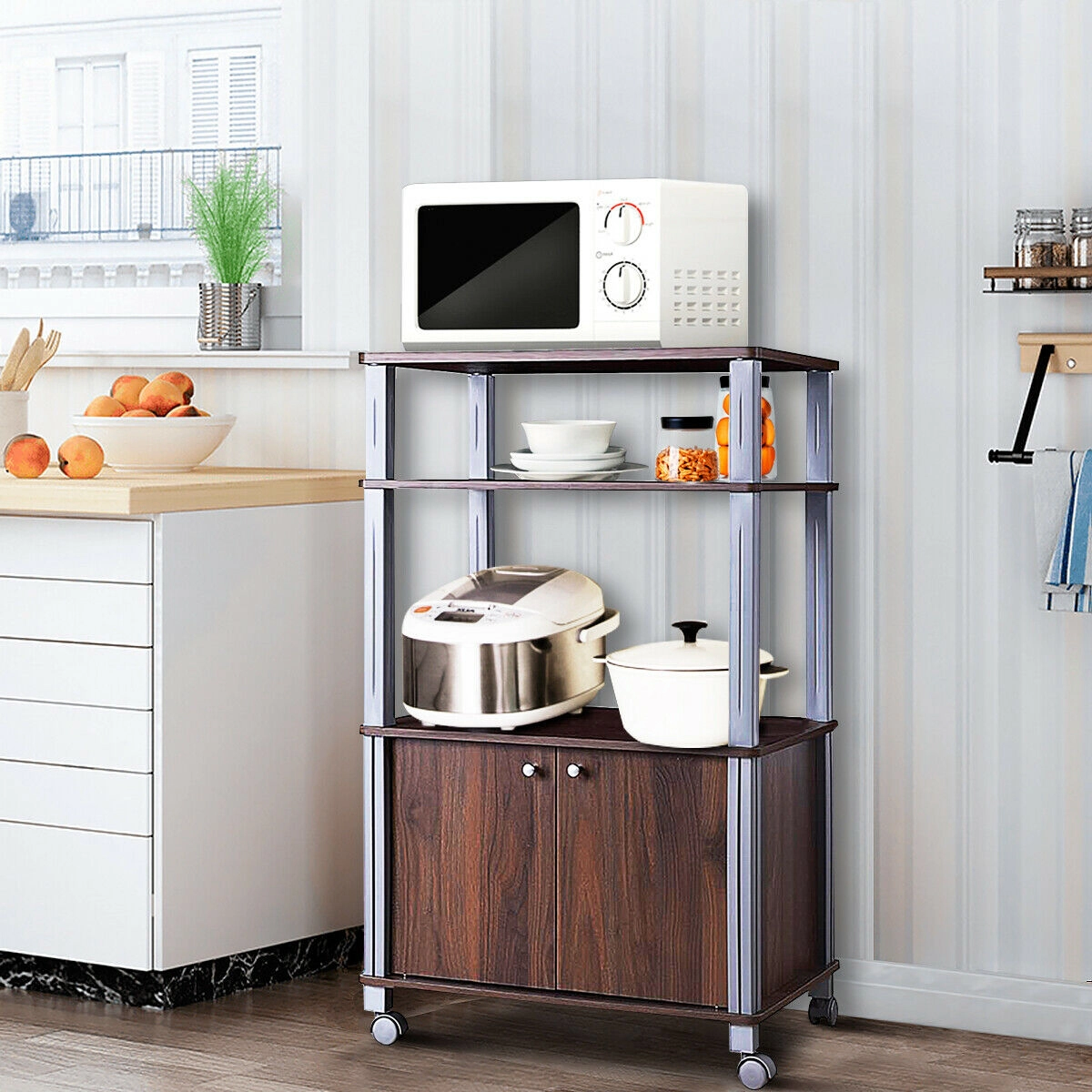 SUGIFT Microwave Rack Stand Walnut Rolling Storage Cart with 2-Door Cabinet