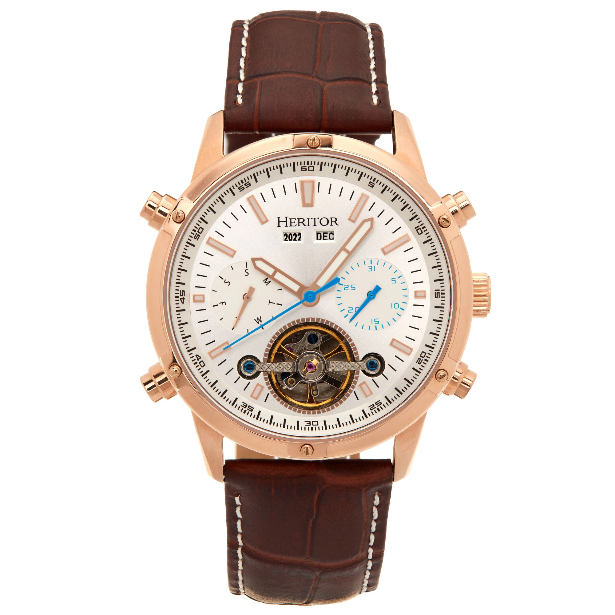 Heritor Automatic Wilhelm Semi-Skeleton Leather-Band Watch w/Day/Date