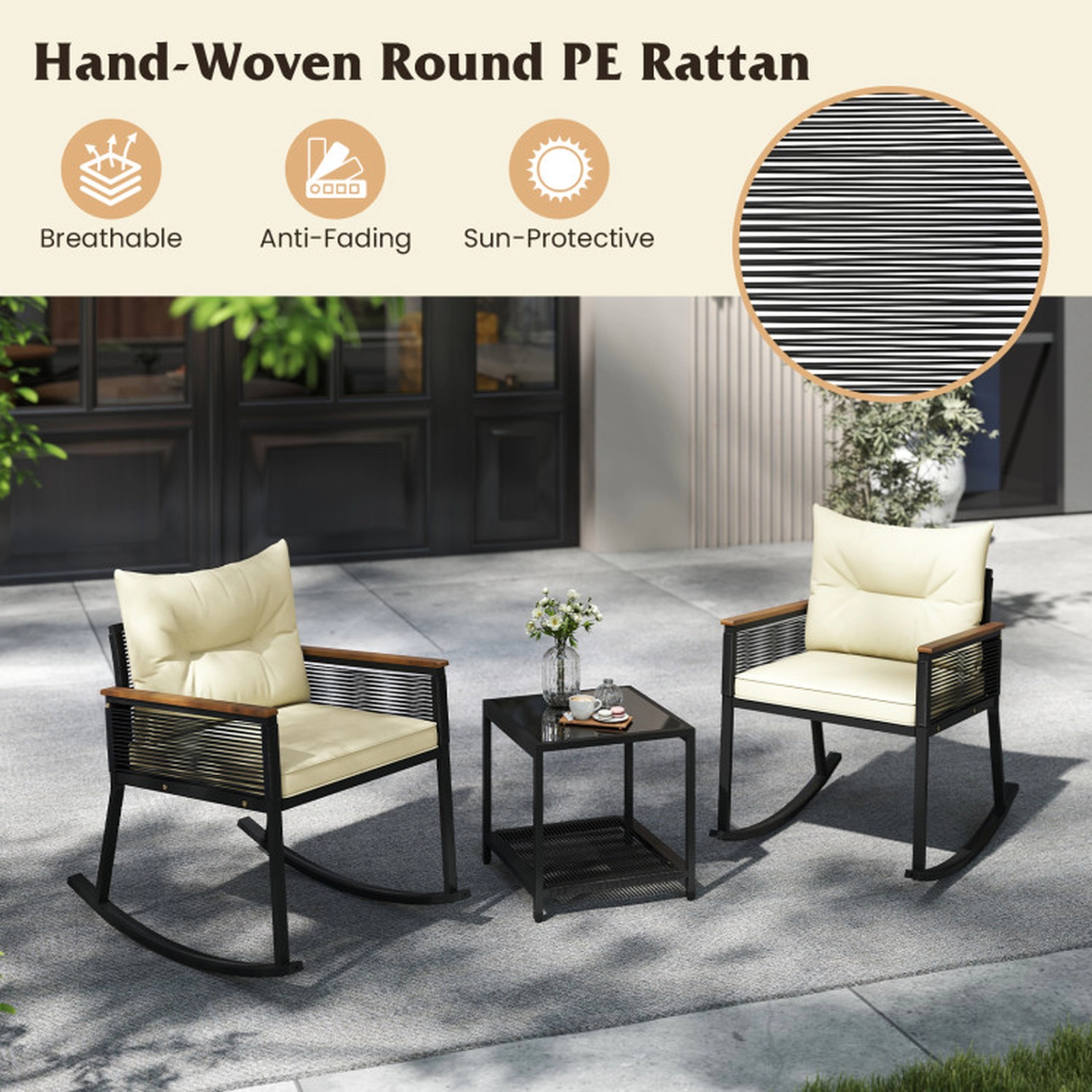 SUGIFT Rocking Bistro Conversation Set with 2-Tier Coffee Table 400-lb Chair Capacity Black Rattan Beige Cushions