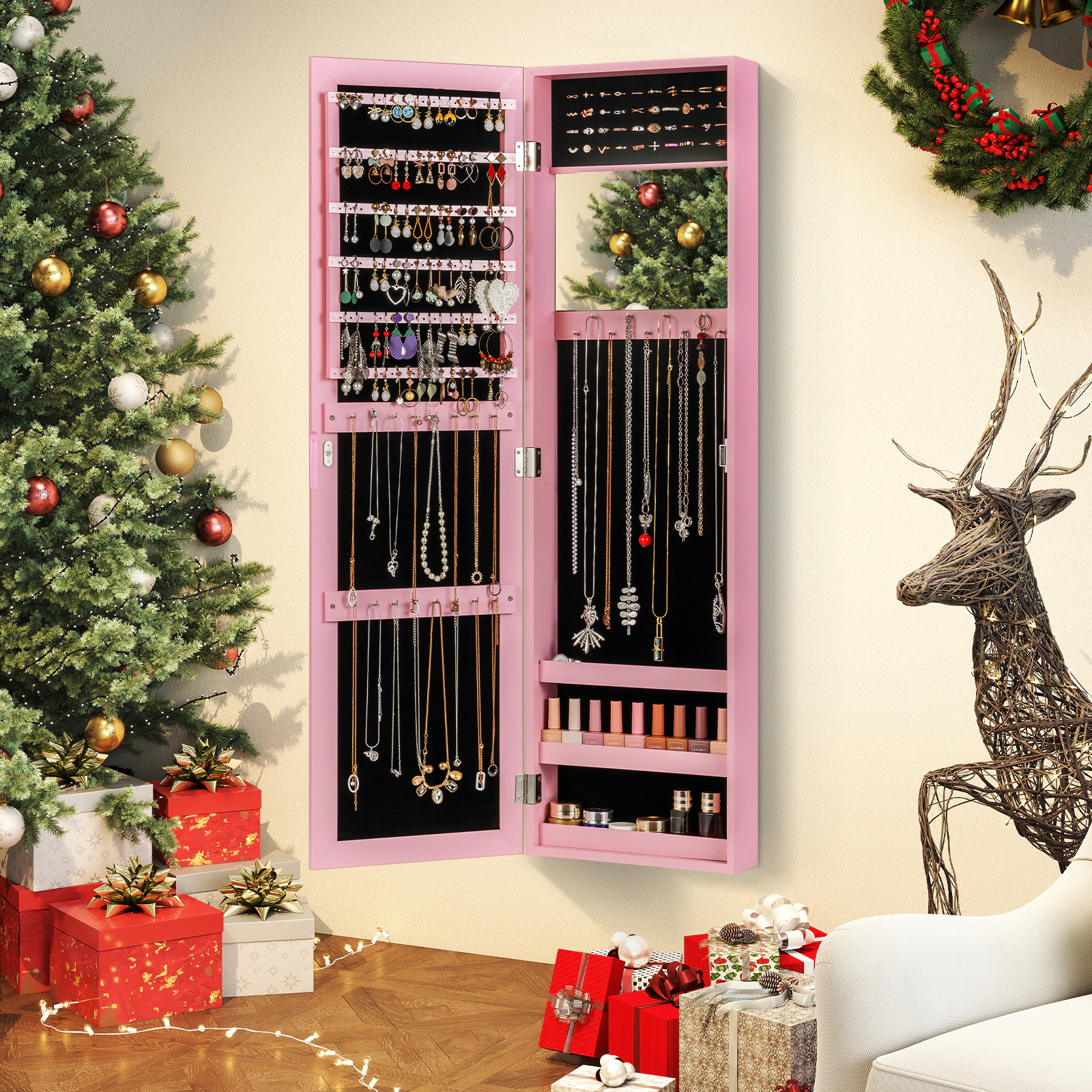 SlickBlue Mirrored Wall Mount Jewelry Storage Cabinet